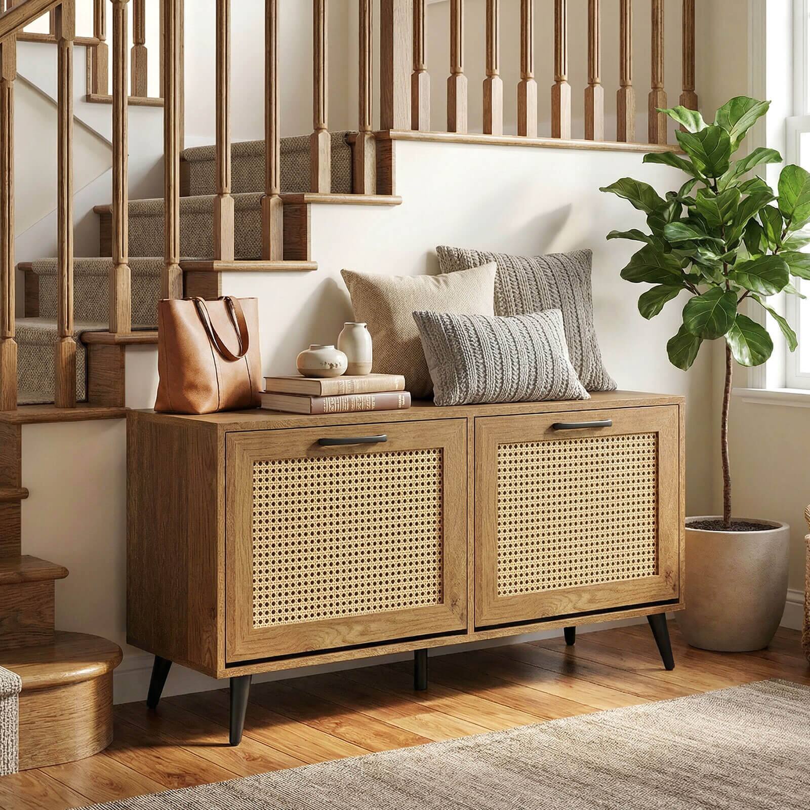 Alt View 3. Costway - Costway Rattan Shoe Storage Cabinet with 2 Flip Drawers Adjustable Shelves Solid Metal Legs - Natural.