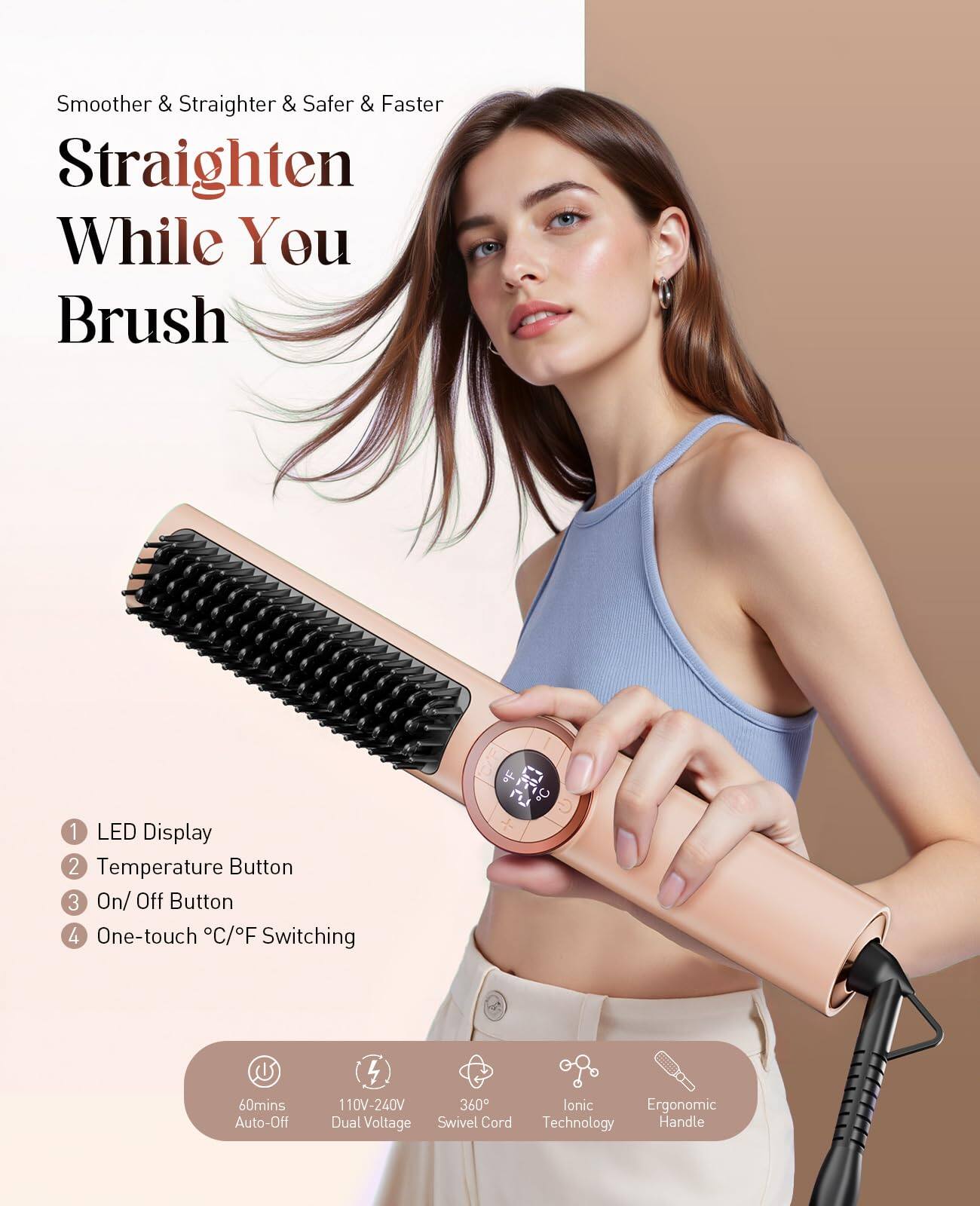 Smoother & Straighter & Safer & Faster

Straighten While You Brush

1. LED Display
2. Temperature Button
3. On/ Off Button
4. One-touch °C/°F Switching

60mins Auto-Off
110V-240V Dual Voltage
360° Swivel Cord
Ionic Technology
Ergonomic Handle