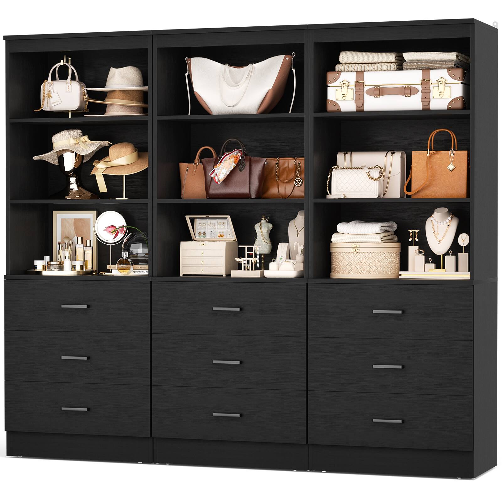 Angle. Aheaplus - 71'' Tall Pantry Cabinet, Freestanding Kitchen Storage Cabinet with 3 Drawers and Shelves, 3 Pack - Black.