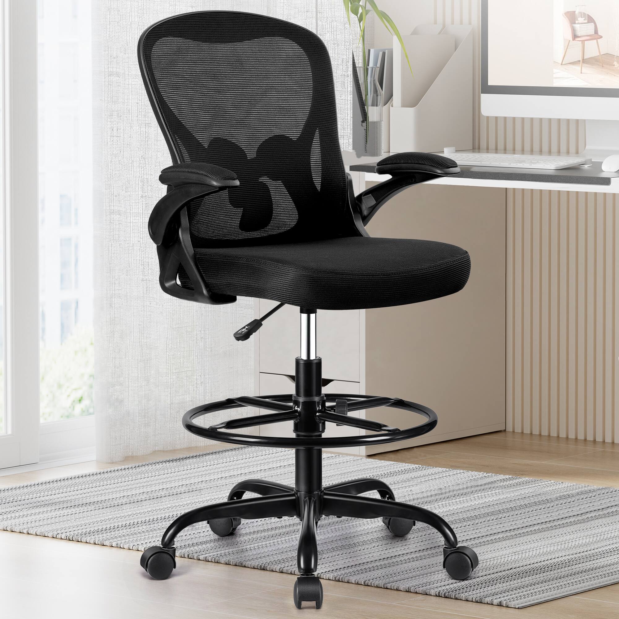 Left. Brick Attic - Drafting Chair, Tall Office Chair Ergonomic Desk Chair, Task Rolling Chair with Adjustable Flip-up Armrests Foot Ring - Black.