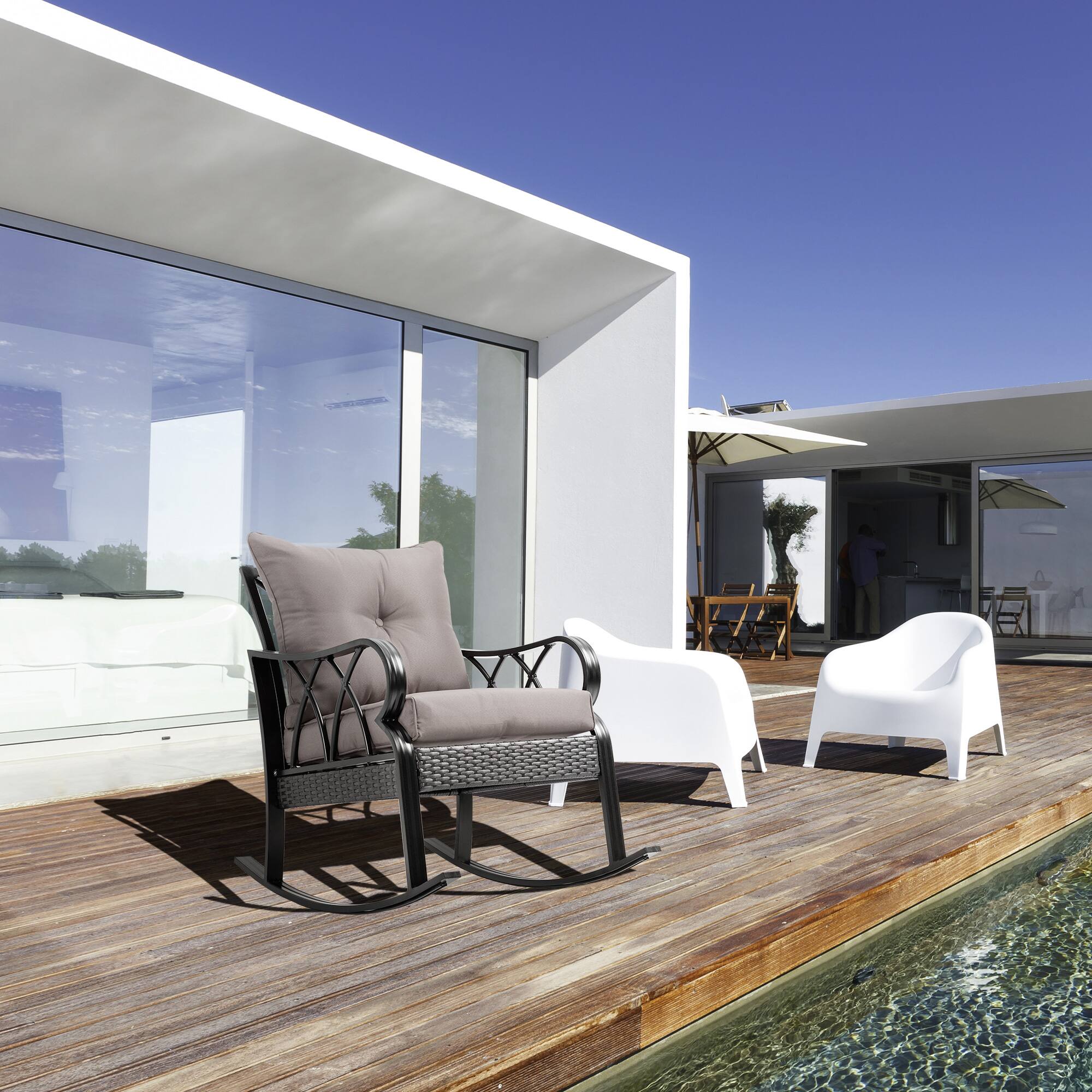 Alt View 1. Outsunny - Outdoor Wicker Rocking Chair with Padded Cushions, Aluminum Furniture Rattan Porch Rocker Chair w/ Armrest - Gray.