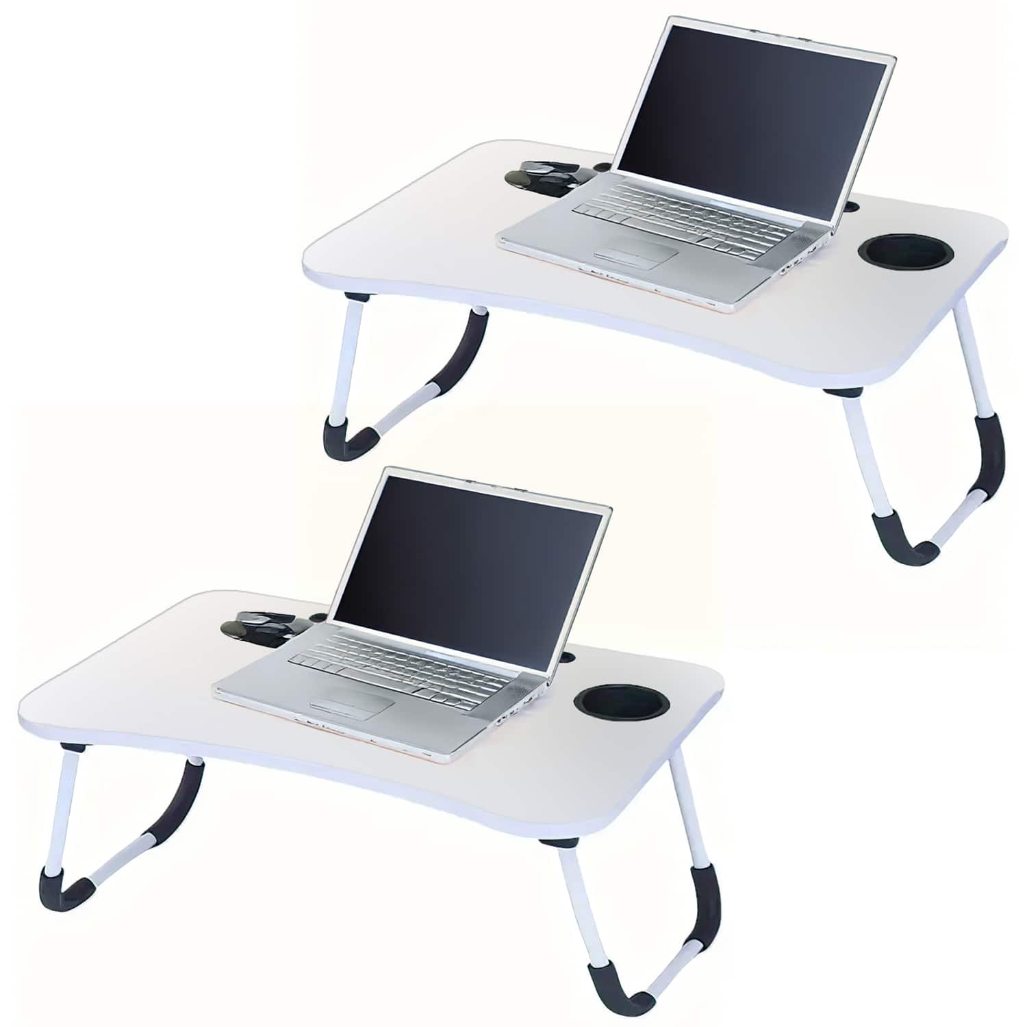 FC Design - 2 Pack Foldable Laptop Cumputer Table, Breakfast Serving Bed Tray, Lap Desk with Foldable Leg - White/White - White and White