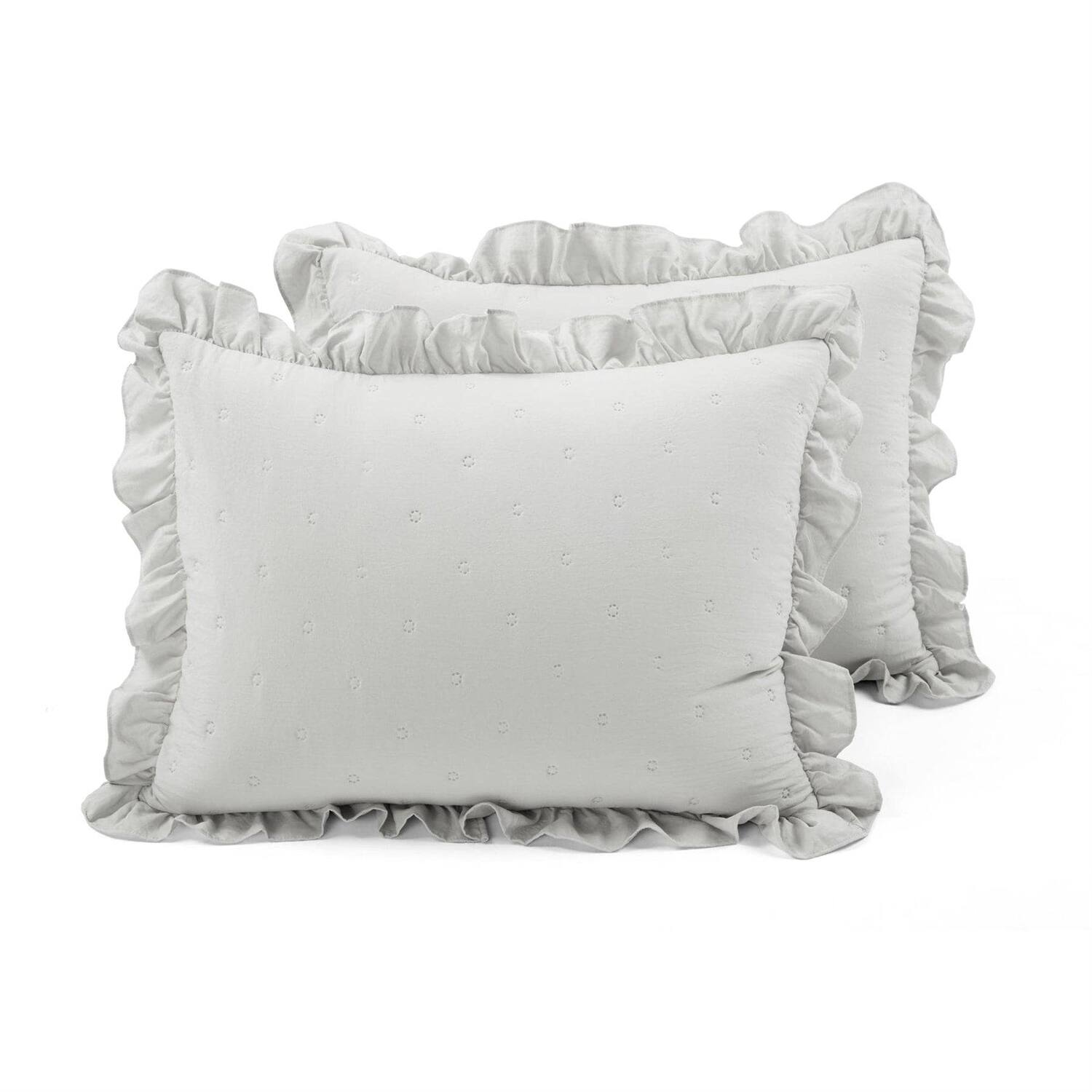 Left. Hivvago - King Size Lightweight Grey Ruffle Reversible Oversized 3 Piece Quilt Set - Light Grey.