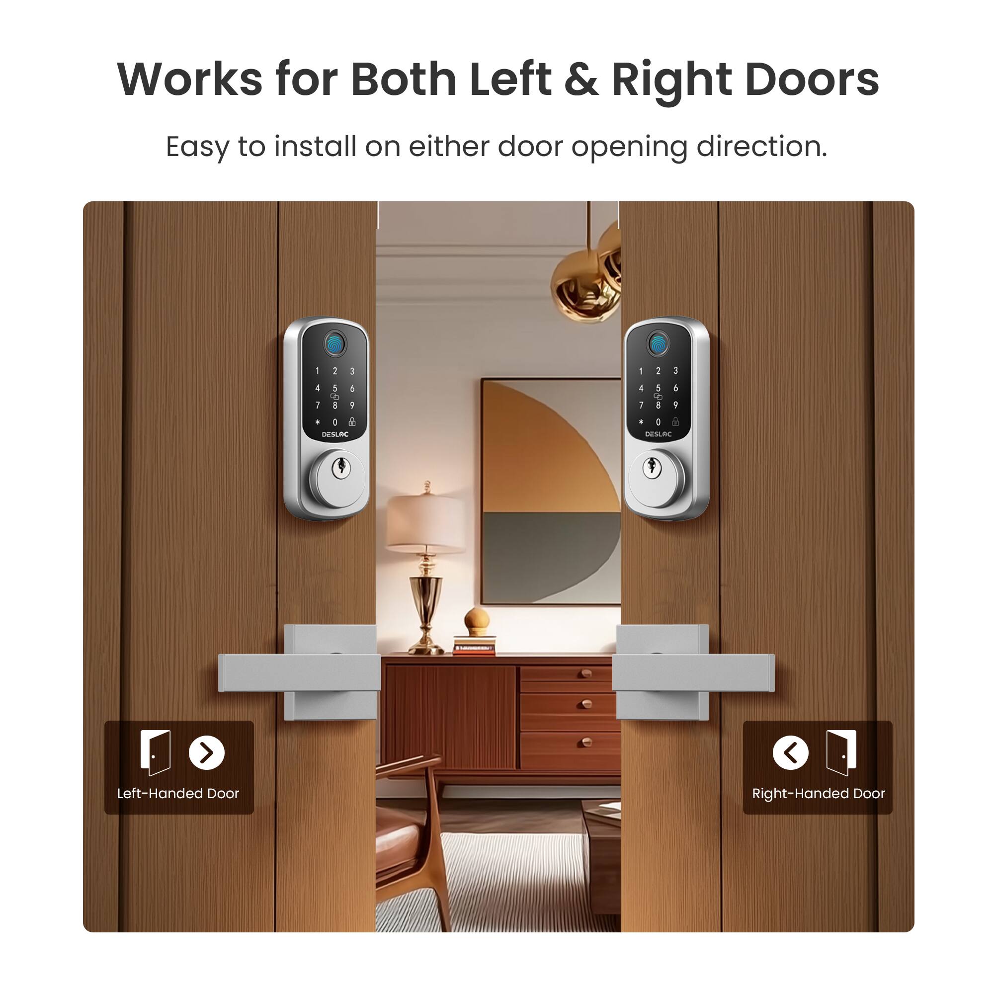 Works for Both Left & Right Doors  
Easy to install on either door opening direction.  

Left-Handed Door  
Right-Handed Door