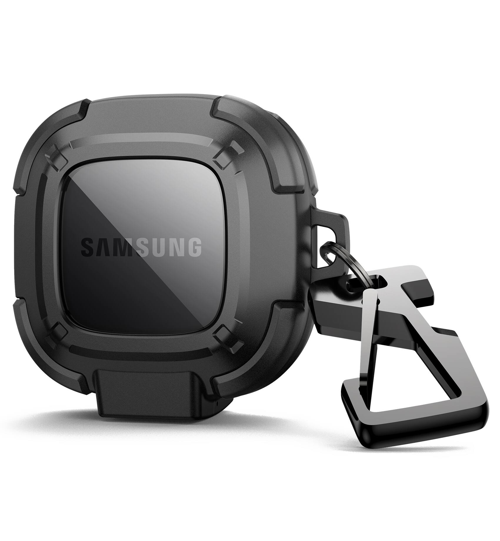 Angle. Dexnor - Rugged Bumper Case for Samsung Galaxy Buds FE/Buds 2 Pro/Buds 2)/Buds Pro (2021)/Buds Live with Secure Lock, Carabiner - Black.