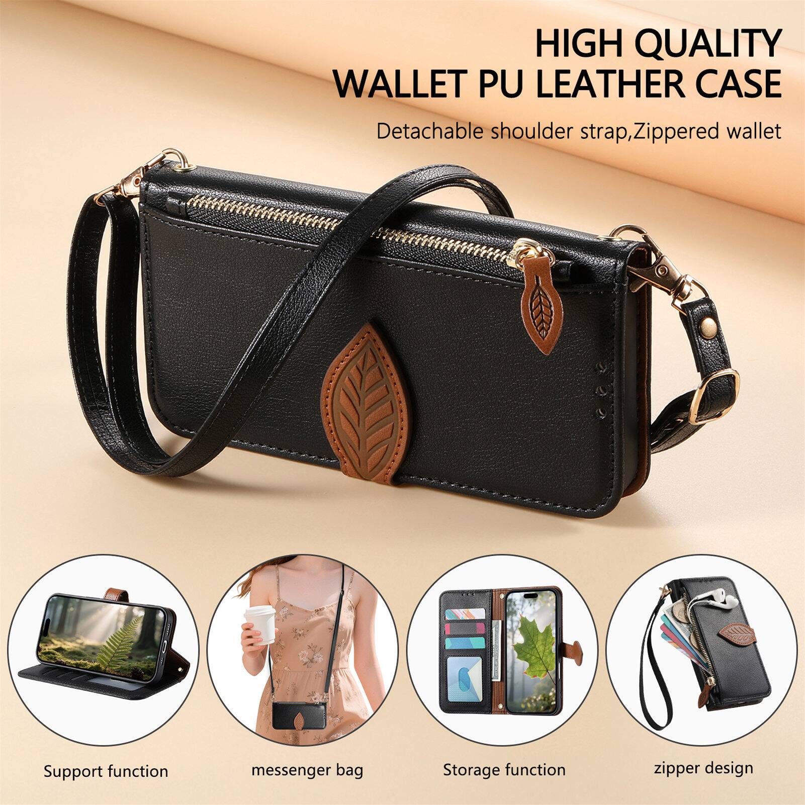 HIGH QUALITY WALLET PU LEATHER CASE  
Detachable shoulder strap, Zippered wallet  
Support function  
messenger bag  
Storage function  
zipper design