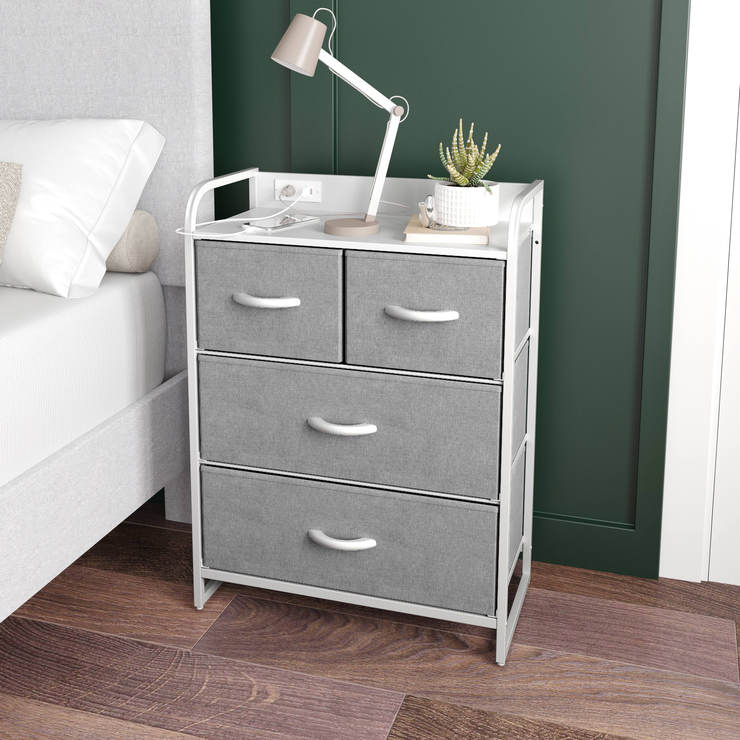 Alt View 1. Emma + Oliver - Charging Nightstand with 4 Fabric Drawers, 2 USB Ports, 1 Outlet - Gray Drawers/White Frame.