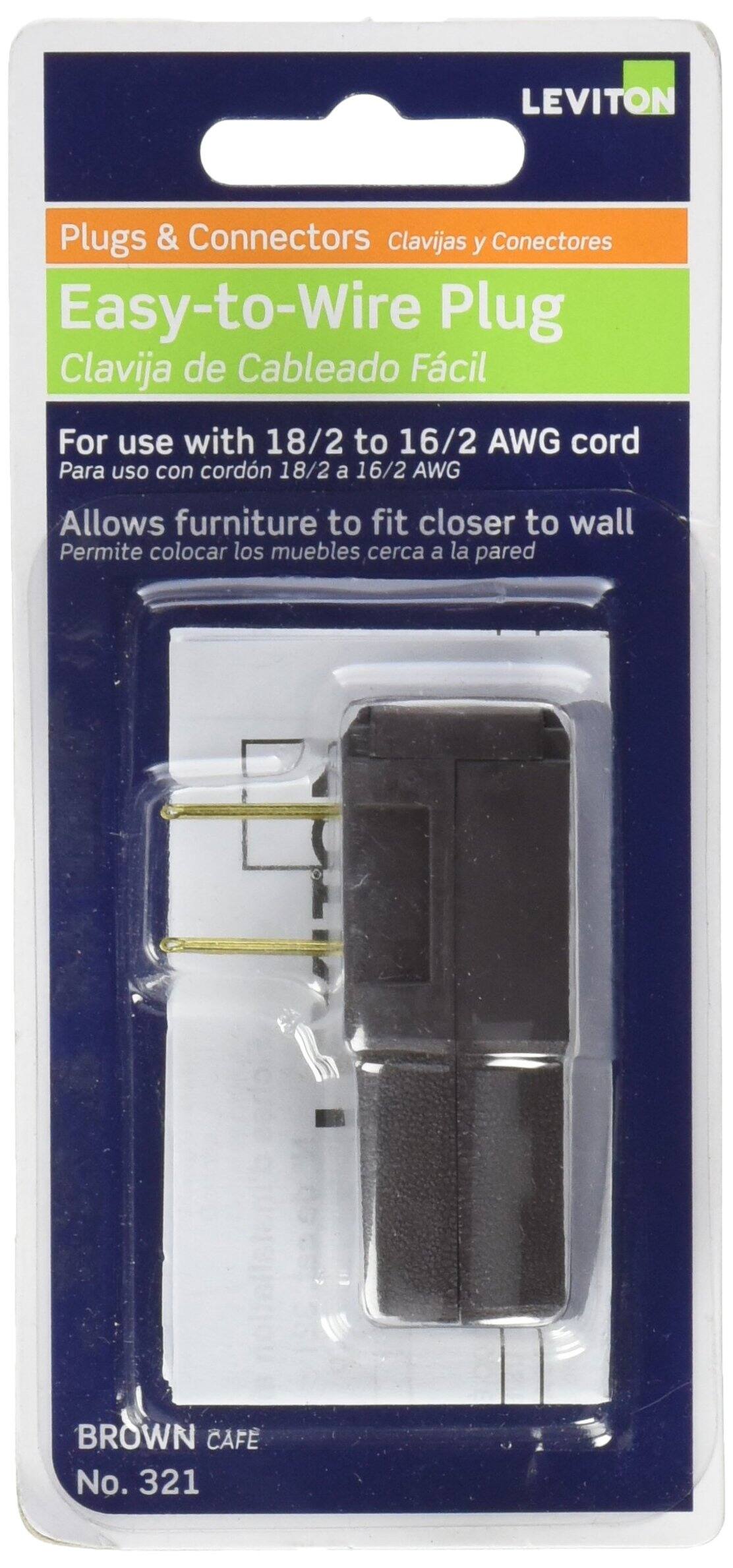 Sure, here is the corrected and grouped text from the image:

---

**LEVITON**

**Plugs & Connectors**  
Clavijas y Conectores

**Easy-to-Wire Plug**  
Clavija de Cableado Fácil

For use with 18/2 to 16/2 AWG cord  
Para uso con cordón 18/2 a 16/2 AWG

Allows furniture to fit closer to wall  
Permite colocar los muebles cerca a la pared

**BROWN CAFE**  
No. 321

---