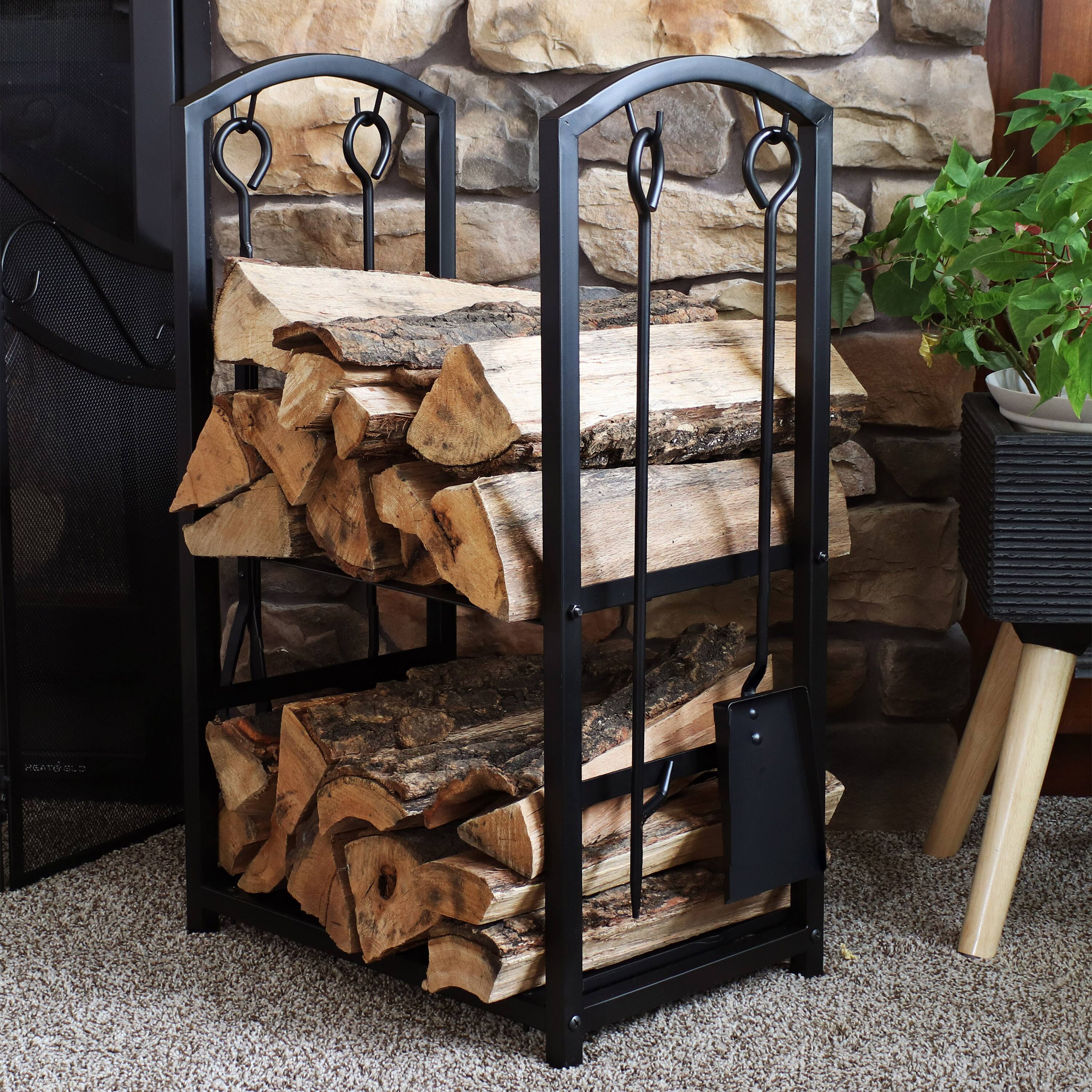 Alt View 7. Sunnydaze - 4-Piece Steel Firewood Log Rack with Fireplace Tools - Black.