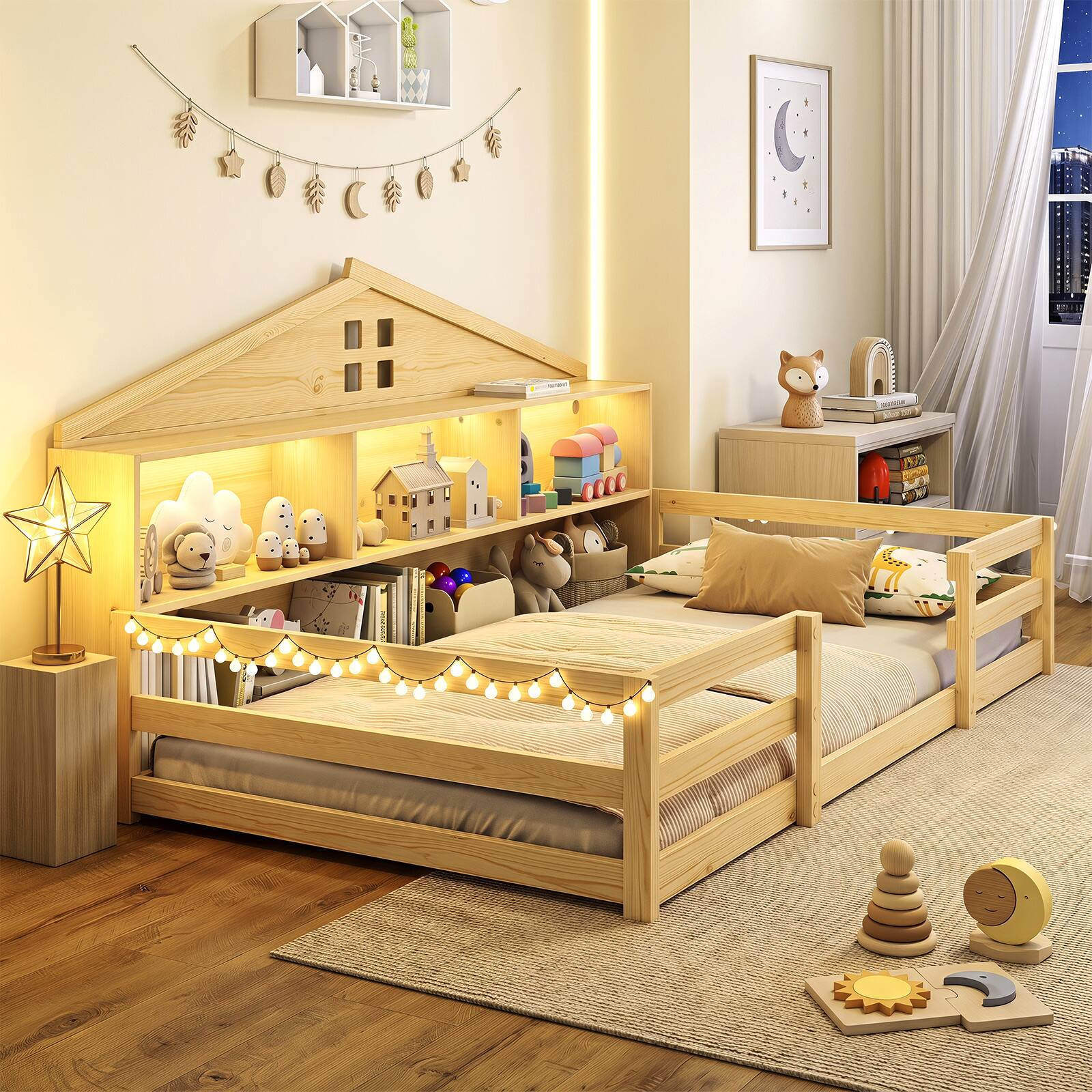 Alt View 4. Costway - Costway Twin Size Montessori Floor Bed with LED Lights Safety Guardrails Compartments Shelf - Natural.