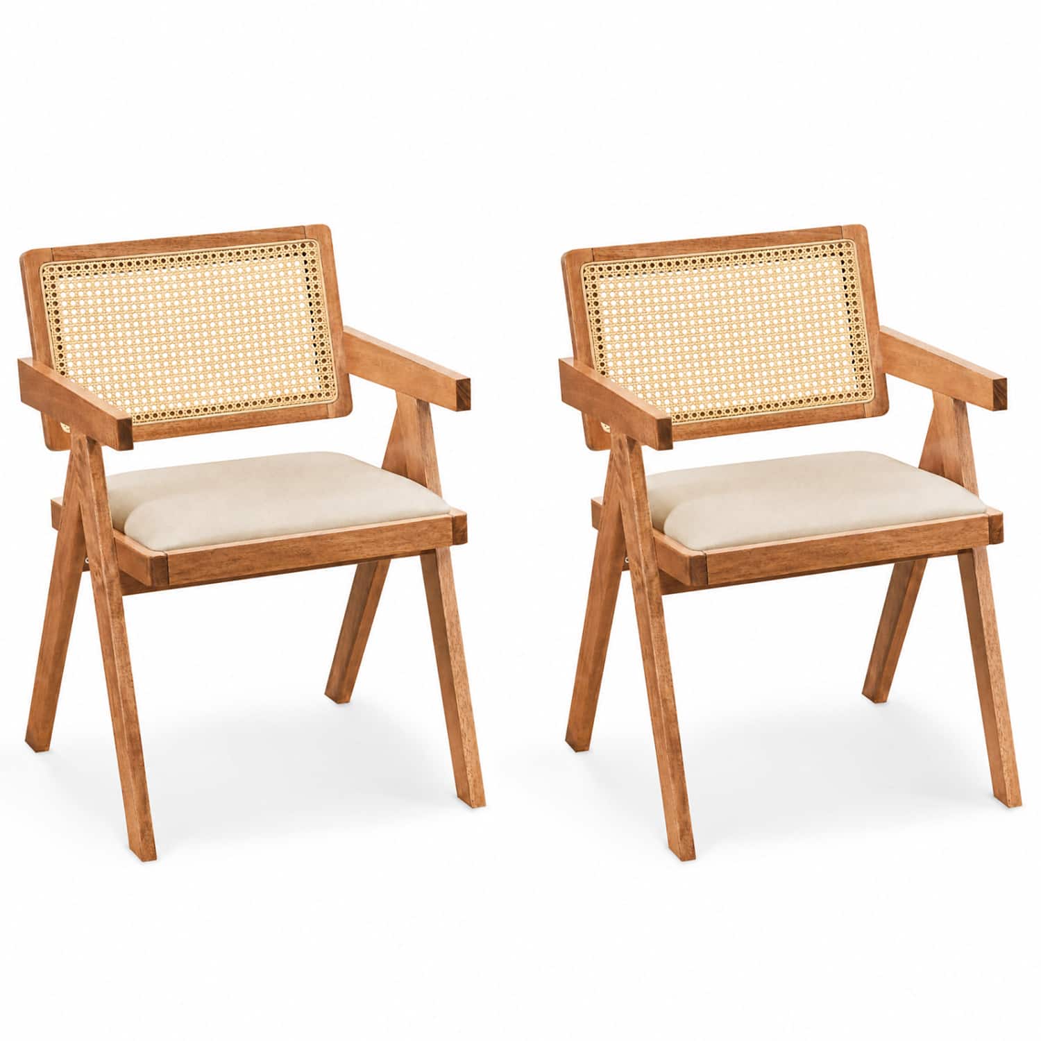 WELLFOR - Set of 2 Rattan Accent Chairs with Padded Cushion and Rubber Wood Frame - Beige