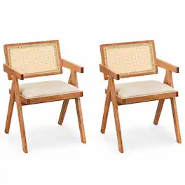 WELLFOR - Set of 2 Rattan Accent Chairs with Padded Cushion and Rubber Wood Frame - Beige