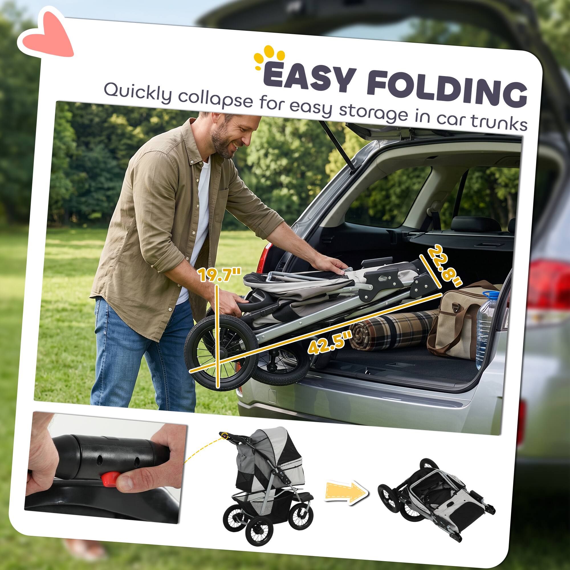 EASY FOLDING  
Quickly collapse for easy storage in car trunks  

19.7"  
42.5"  
22.8"