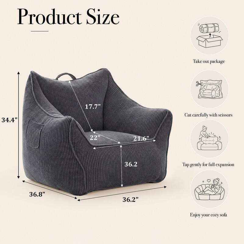 Product Size

Take out package

34.4"

17.7"

Cut carefully with scissors

22"

21.6"

36.2"

Tap gently for full expansion

36.8"

36.2"

Enjoy your cozy sofa
