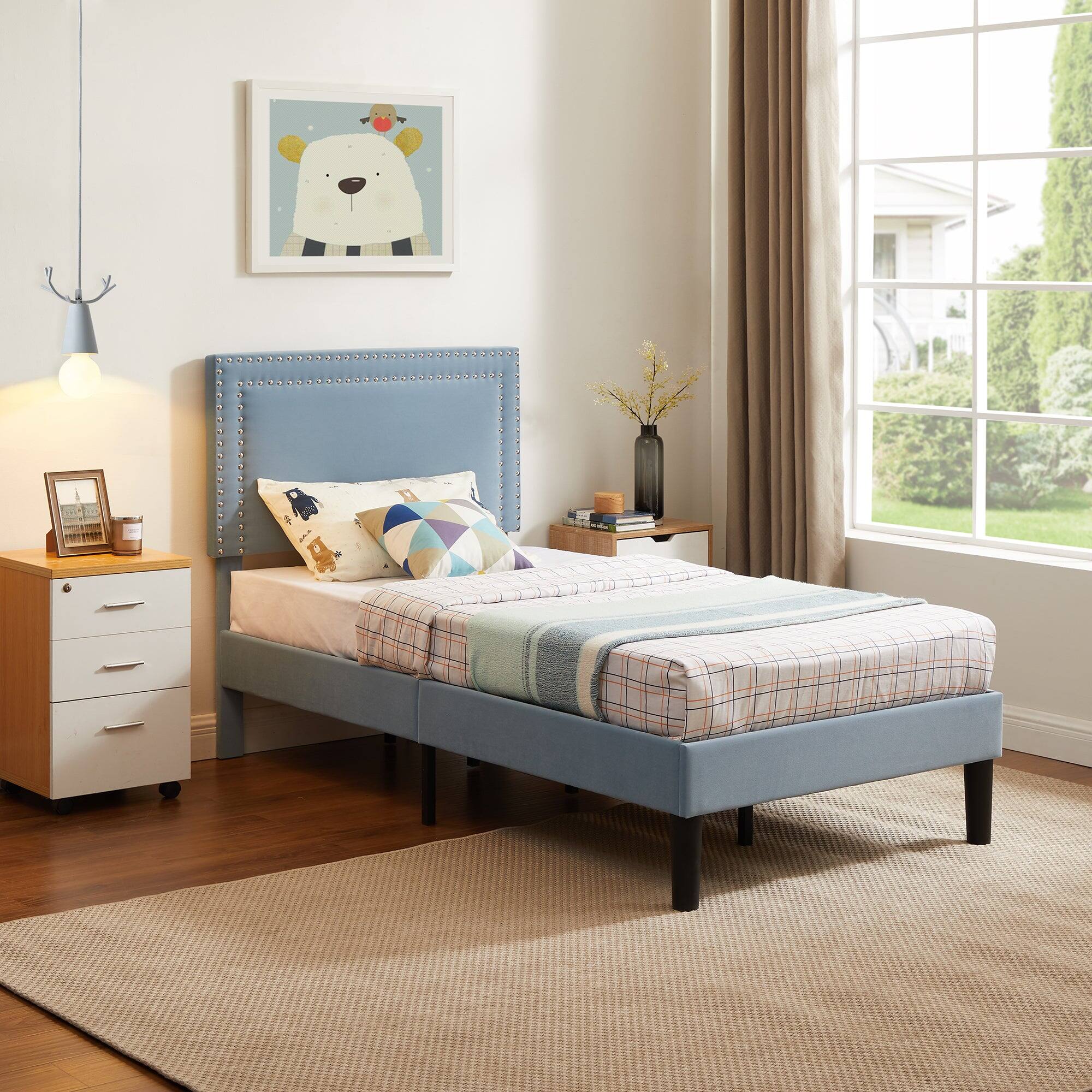 Left. Vecelo - Twin Size Platform Bed Frame with Adjustable Upholstered Headboard, Strong Wood Slat Support,No Box Spring Needed - Light Blue.