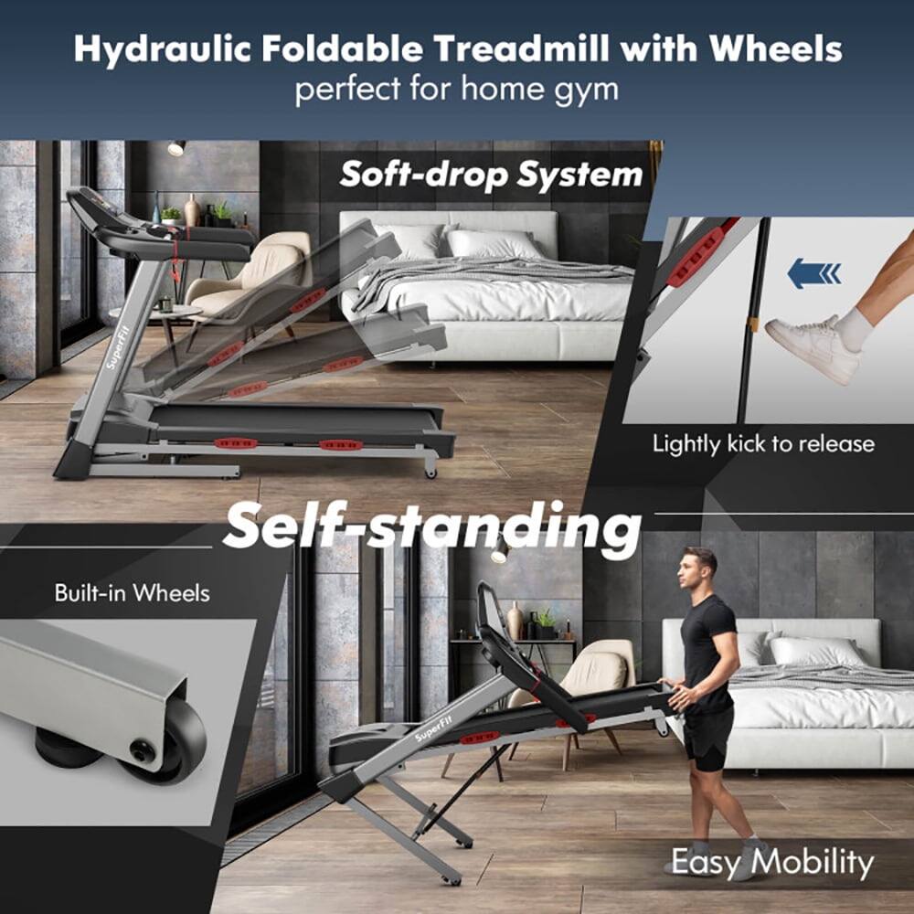 Hydraulic Foldable Treadmill with Wheels  
perfect for home gym  

Soft-drop System  

Self-standing  

Built-in Wheels  

Lightly kick to release  

Easy Mobility