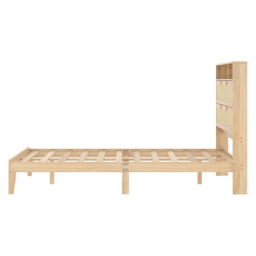 Alt View 3. Winado - Bed Frame with Storage Headboard and Charging Station, Rattan Platform Bed Wood Bed with Shelves, No Box Spring Needed - Natural,Queen Size.