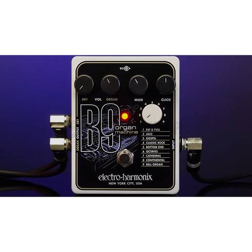 Sure, here is the corrected and grouped text:

---

**B3 organ**

**electro-harmonix**  
**NEW YORK CITY, USA**

**Controls:**
- DRY
- VOL
- ORGAN
- MOD
- CLICK

**Inputs:**
1. DRY
2. ORGAN
3. FULL OUTPUT
4. JAZZ
5. GOSPEL
6. CLASSIC ROCK ORGAN
7. BOTTOM END
8. OCTAVES
9. CATHEDRAL
10. CONTINENTAL
11. BELL ORGAN

**Output:**
- OUTPUT

---

This text is organized based on the labels and controls visible on the pedal.