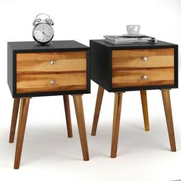 Costway - Wooden Nightstand Mid-Century End Side Table Bedroom W/2 Storage Drawers - Black