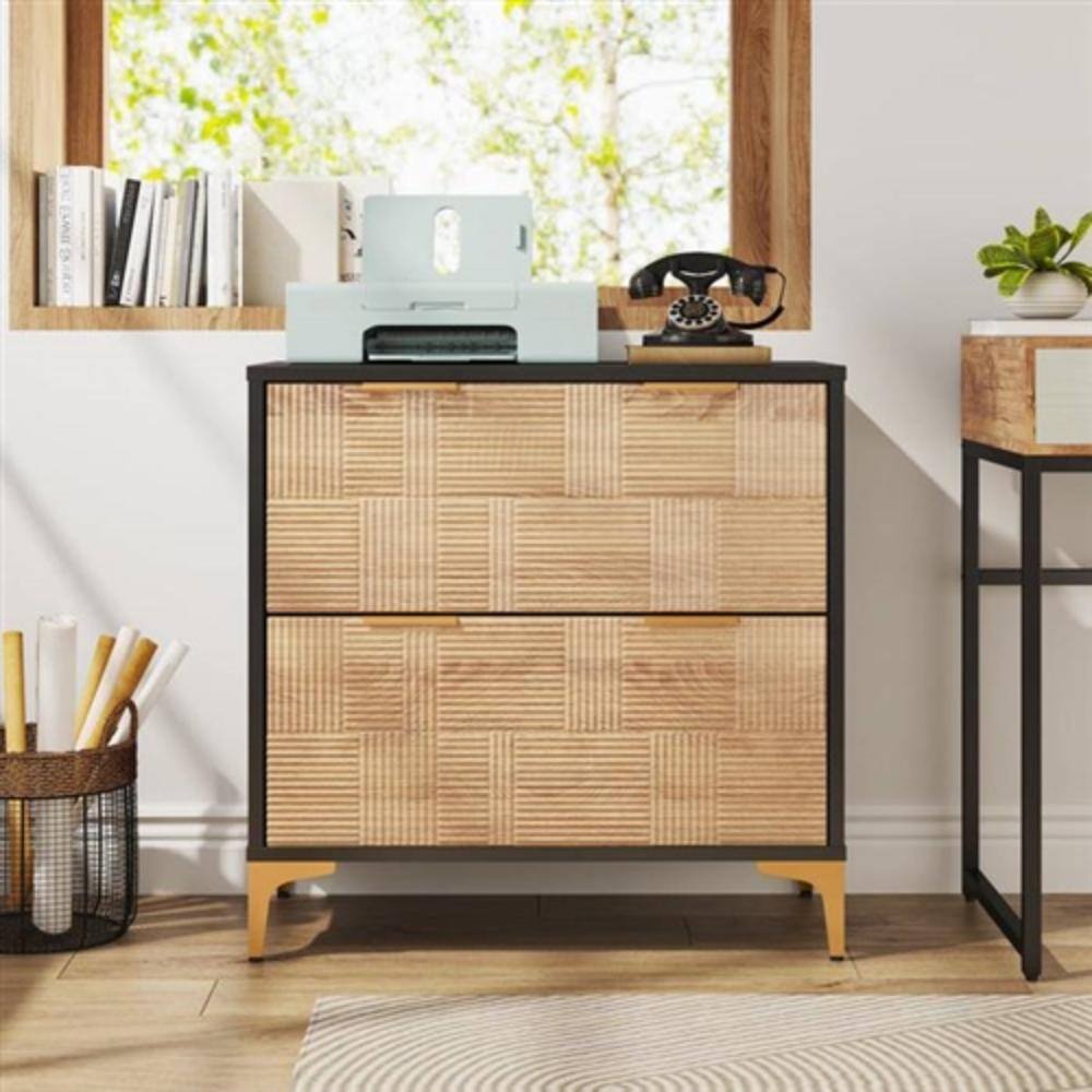 Angle. Hivvago - Retro Natural/Black with Gold Handles/Legs 2 Drawer Filing Cabinet Printer Stand - Natural, Black.