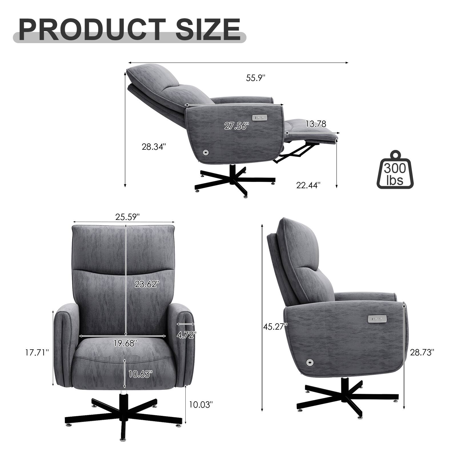 PRODUCT SIZE  
55.9"  
27.56"  
13.78"  
28.34"  
22.44"  
300 lbs  
25.59"  
23.62"  
17.71"  
19.68"  
472  
45.27"  
28.73"  
10.63"  
10.03"