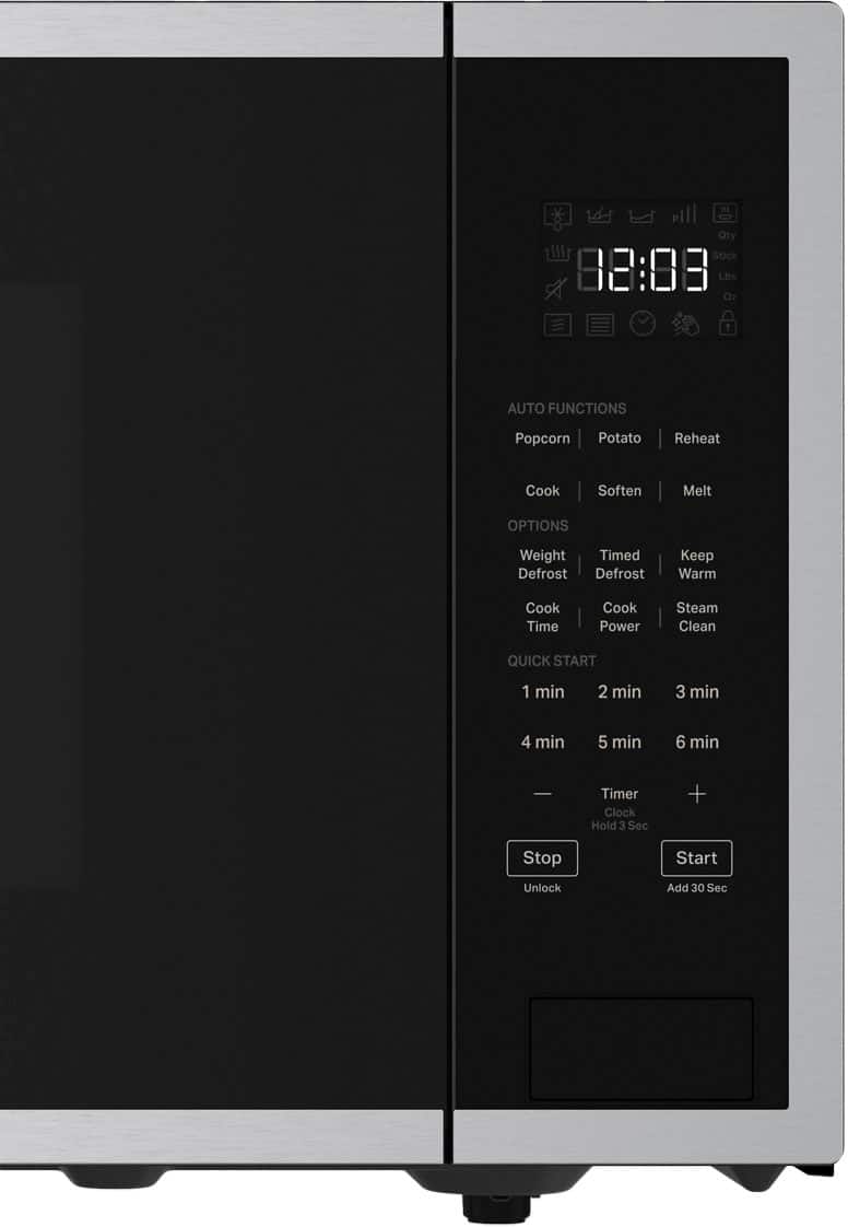 The image shows a microwave with a digital display that reads "18:88." The microwave has various buttons and options, including "Auto Functions," "Popcorn," "Potato," "Reheat," "Cook," "Soften," "Melt," and "Options." Additionally, there are buttons for "Weight," "Timed," "Defrost," "Defrost," "Keep Warm," "Cook Time," "Cook Power," "Steam Clean," and "Quick Start." The microwave also has a timer clock and a "Hold 3 Sec + Stop" button.