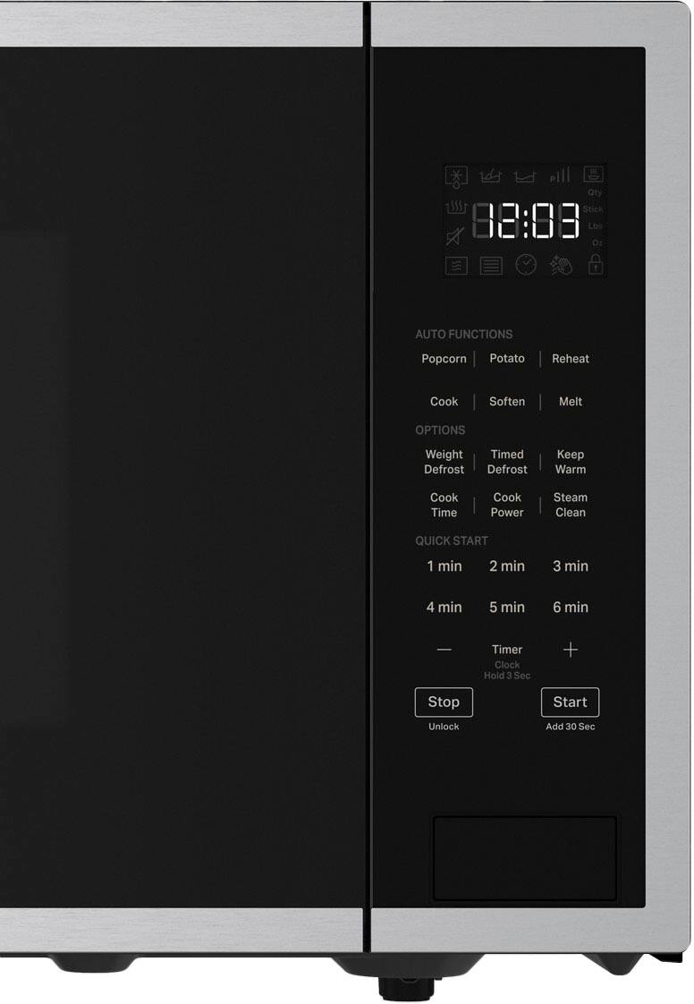The image shows a microwave with a digital display that reads "18:88." The microwave has various buttons and options, including "Auto Functions," "Popcorn," "Potato," "Reheat," "Cook," "Soften," "Melt," and "Options." Additionally, there are buttons for "Weight," "Timed," "Defrost," "Defrost," "Keep Warm," "Cook Time," "Cook Power," "Steam Clean," and "Quick Start." The microwave also has a timer clock and a "Hold 3 Sec + Stop" button.