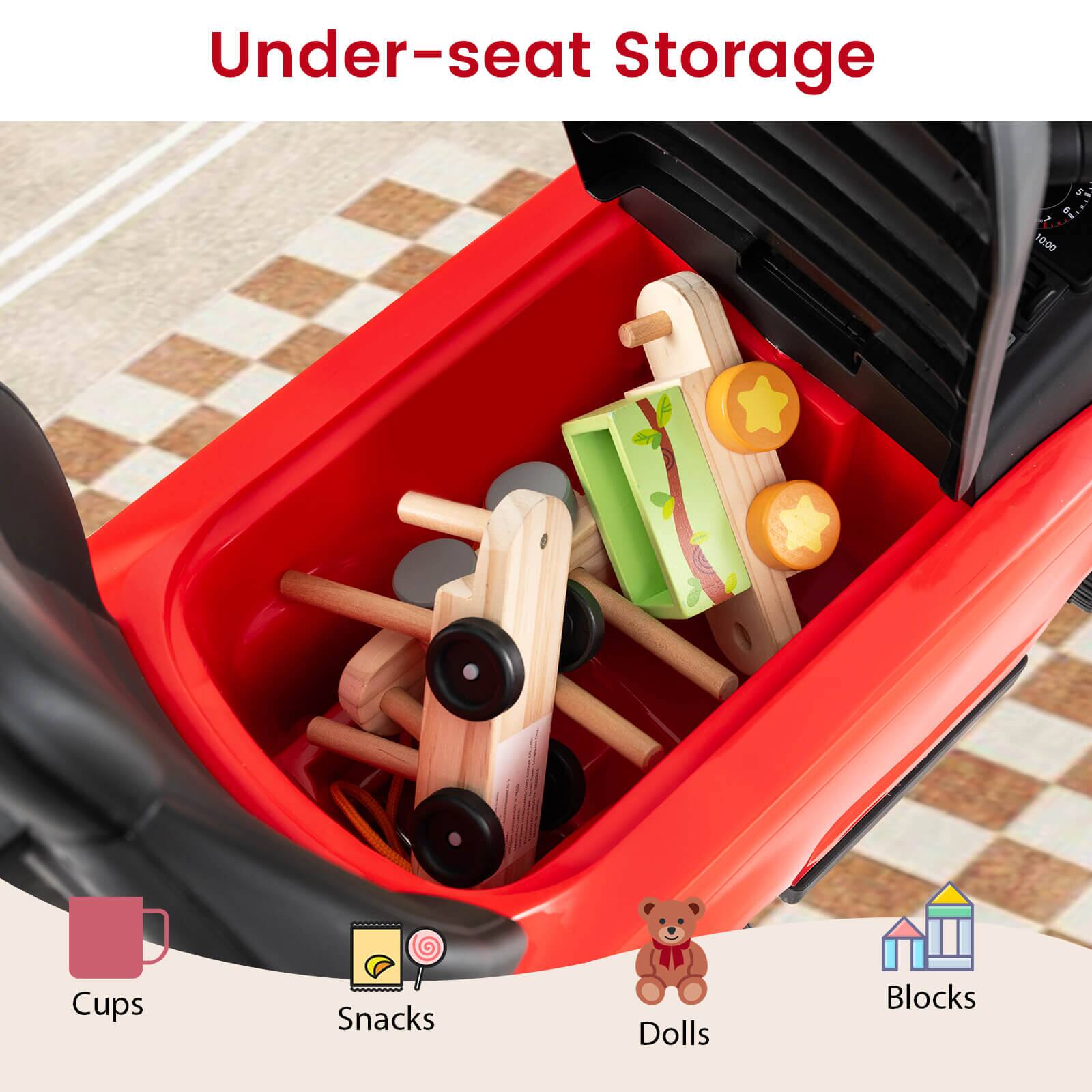 Under-seat Storage

Cups  
Snacks  
Dolls  
Blocks