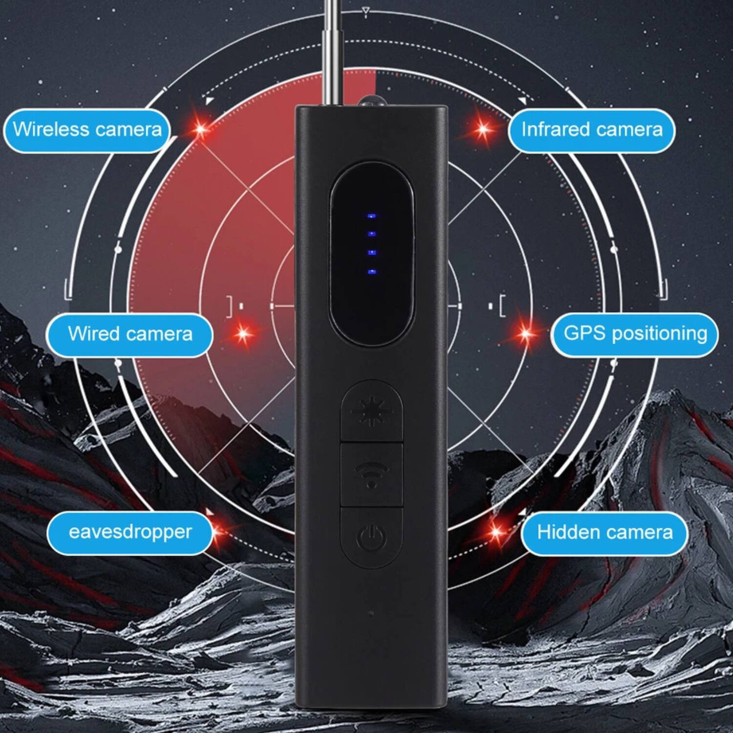 - Wireless camera
- Wired camera
- Infrared camera
- GPS positioning
- Eavesdropper
- Hidden camera