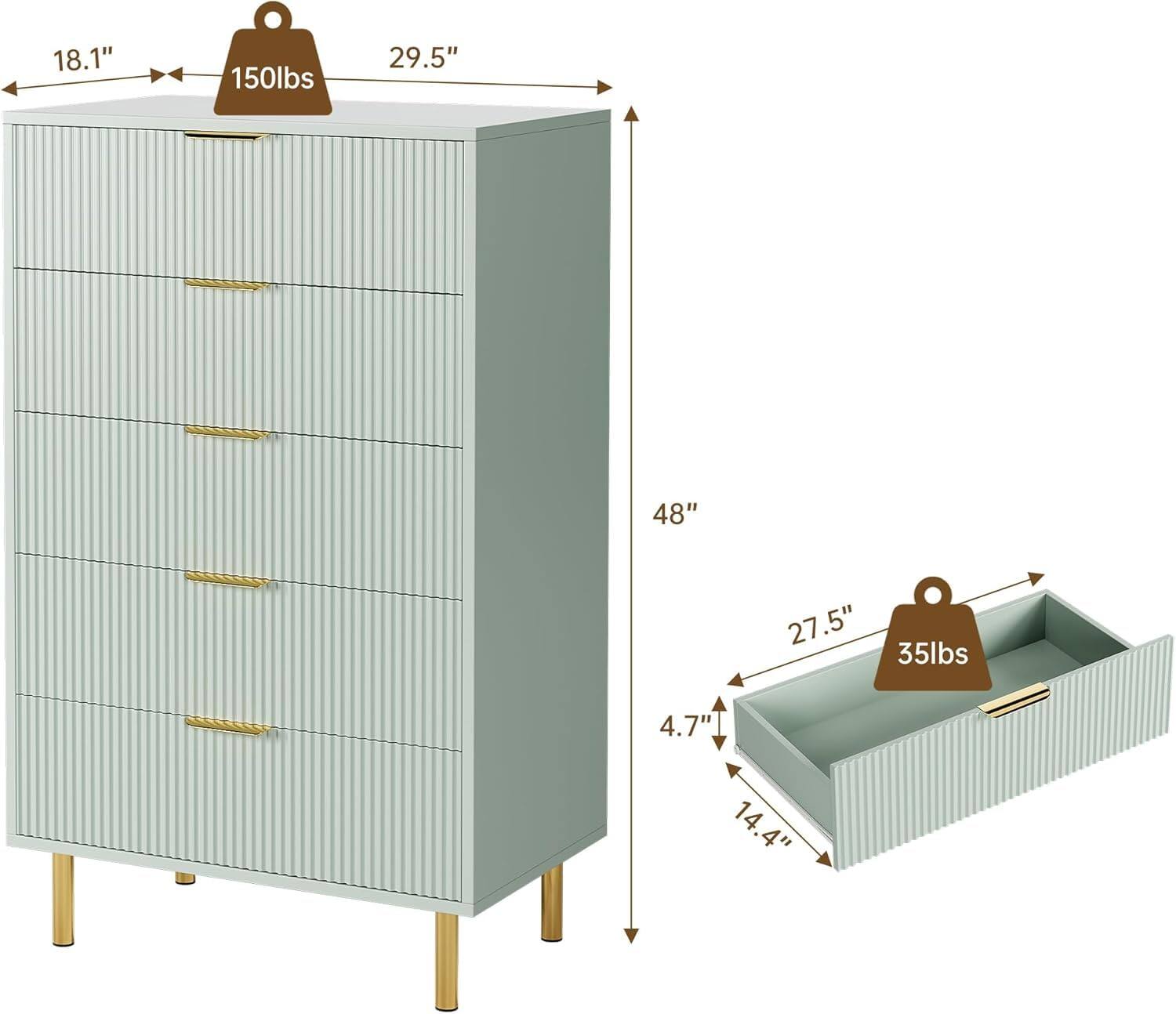 18.1" x 29.5" x 48"  
150 lbs capacity  
27.5" x 14.4" x 4.7"  
35 lbs capacity