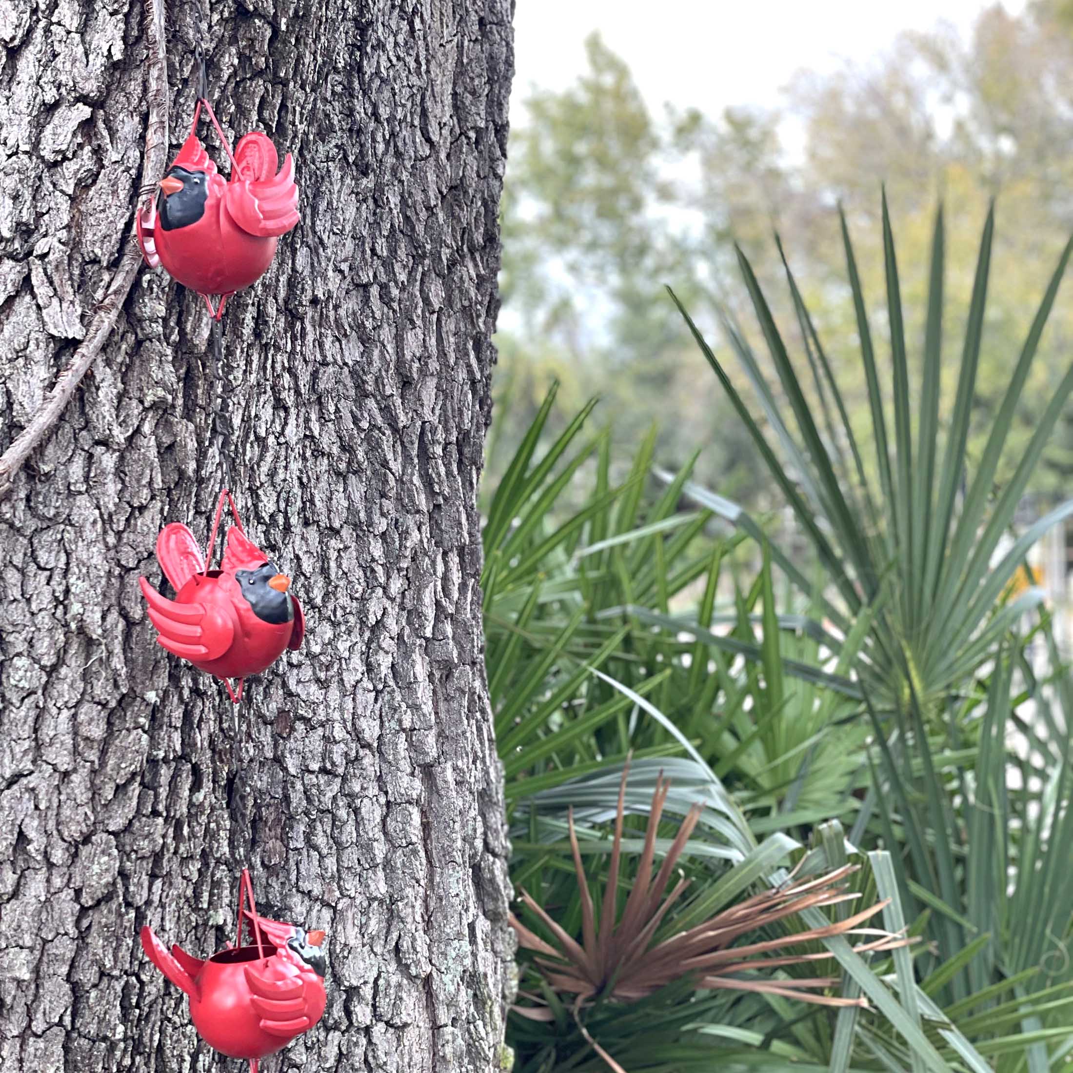 Alt View 3. Things2Die4 - 85-Inch Metal Rain Chain - 7 Red Cardinal Birds - Weighted Bell - Brown Finish - Bright Red.