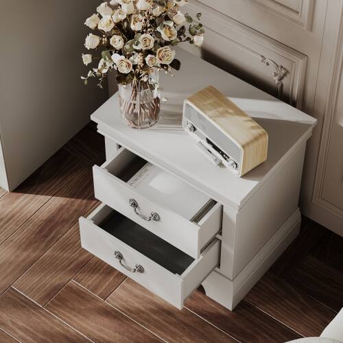 Left. LUCKY ONE - 22" Assembled Classic Wooden Nightstand 2-Drawer Antique Pulls - White.
