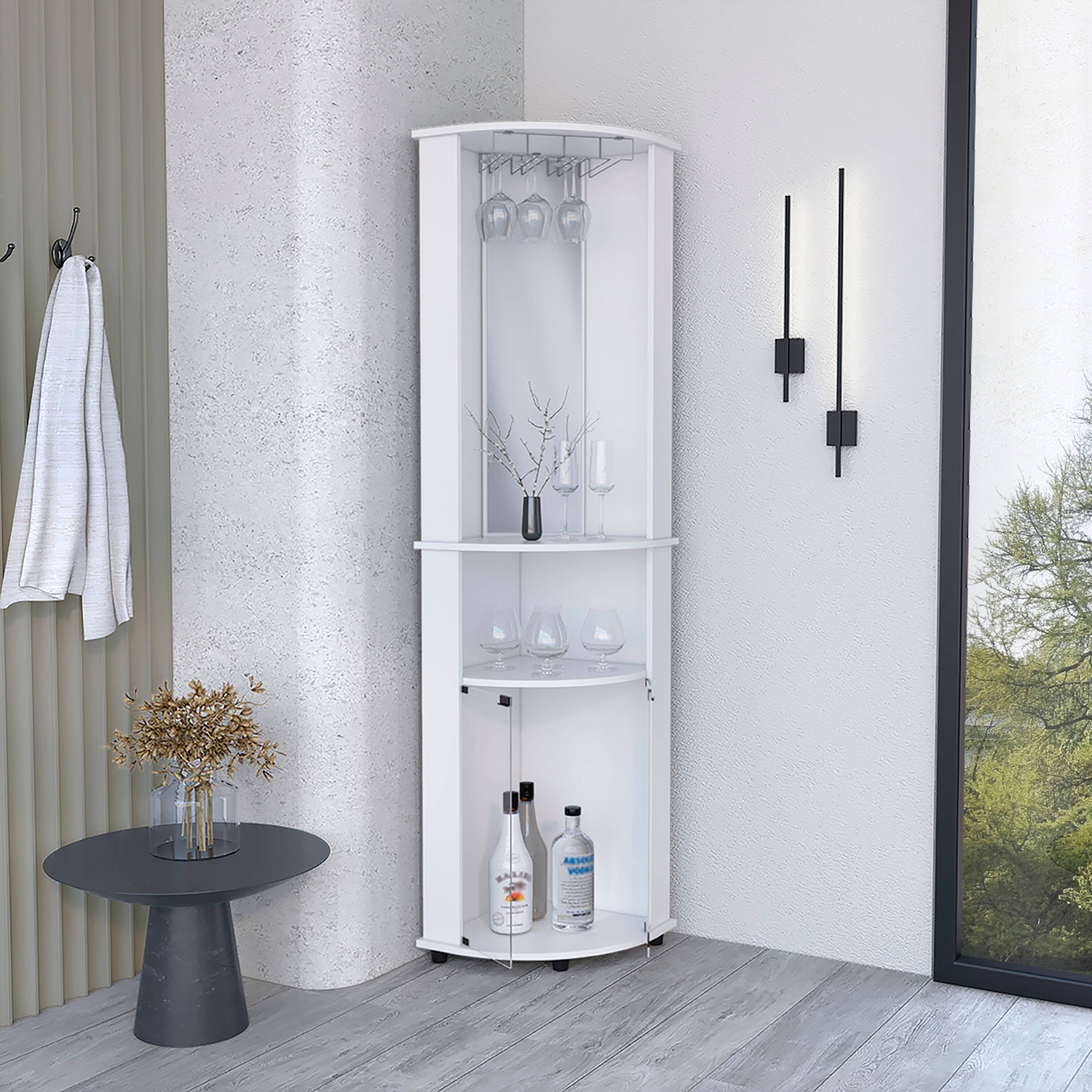 Angle. TinyHomie - Corner Bar Cabinet Unit with Wine Glass Rack and Lower Cabinet White.