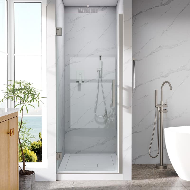 "WELLFOR - 30–31 in. W x 72 in. H Frameless Hinged Shower Door with 3/8"" Clear Tempered Glass, Reversible Opening - Brushed Nickel" price history on PriceWatchPro