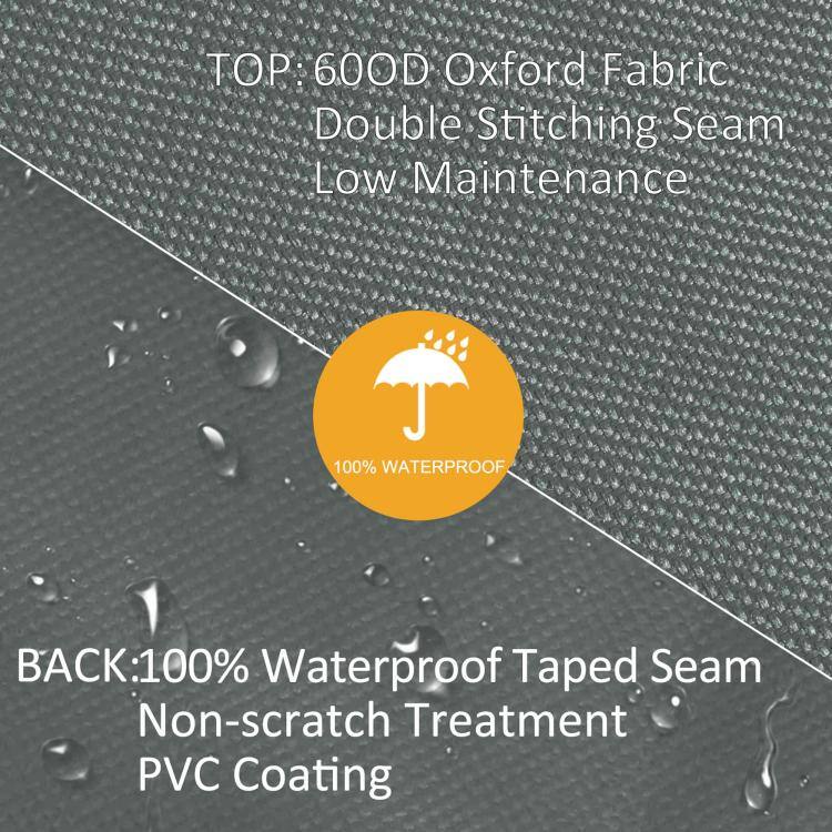 TOP: 600D Oxford Fabric Double Stitching Seam Low Maintenance  
100% WATERPROOF  
BACK: 100% Waterproof Taped Seam Non-scratch Treatment PVC Coating