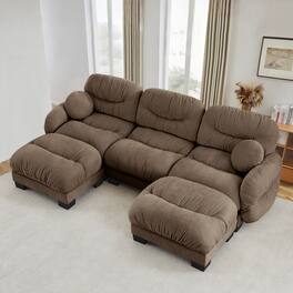 Anysun - 3-Seater U Shape Sectional Couch with 2 Ottomans, Chenille Fabric, High-Density Foam & Curved Armrests for Living Room - Brown