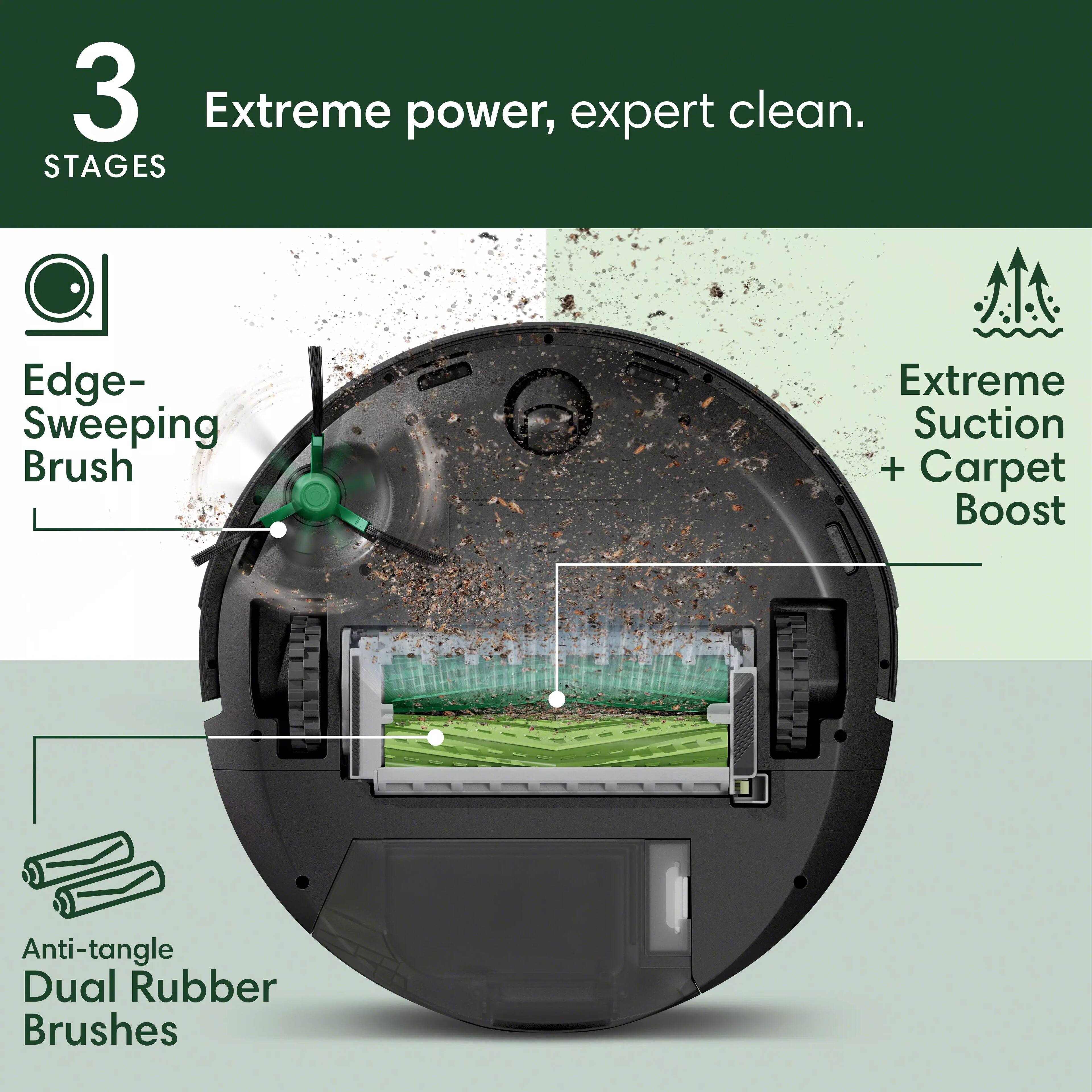 The text on the image is grouped and corrected as follows:

3 Extreme Power, Expert Clean. Stages:

1. Edge-Sweeping Brush
2. Extreme Suction + Carpet Boost
3. Anti-tangle Dual Rubber Brushes