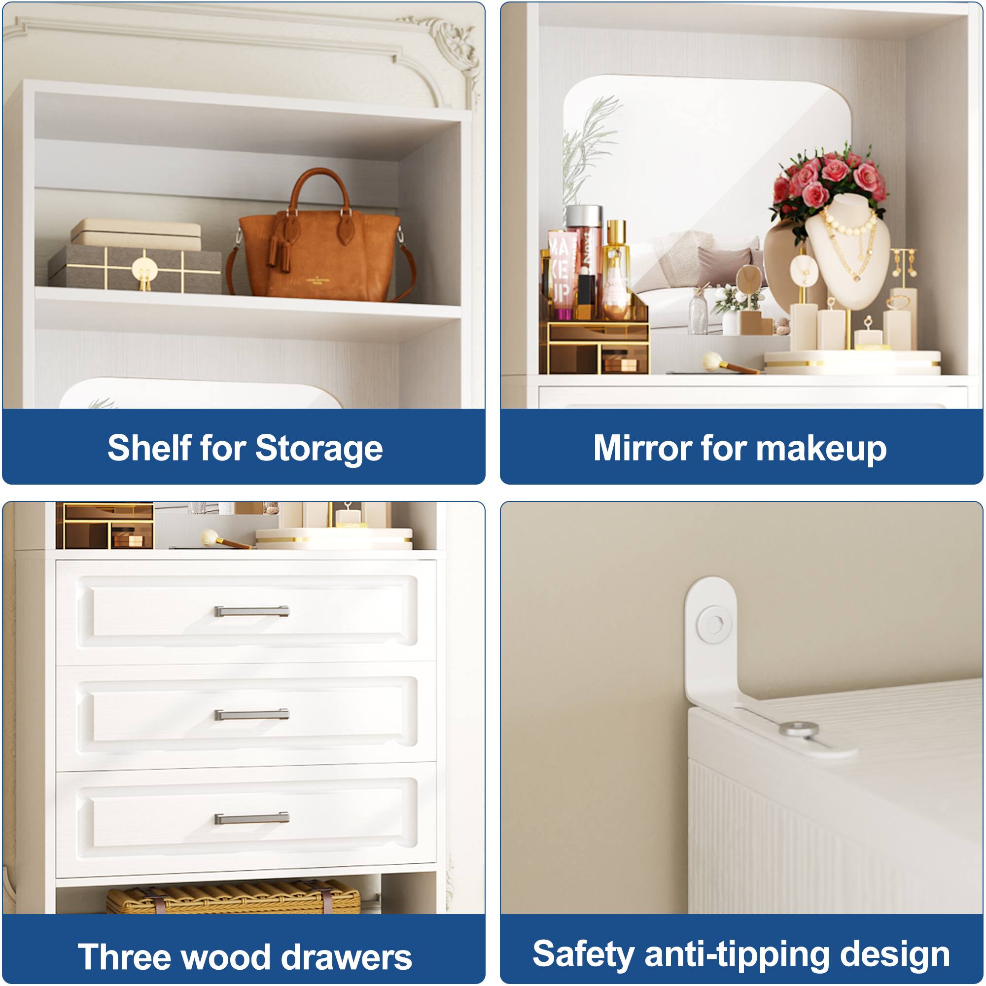 K P E JP 0002

- Shelf for Storage
- Mirror for makeup
- Three wood drawers
- Safety anti-tipping design