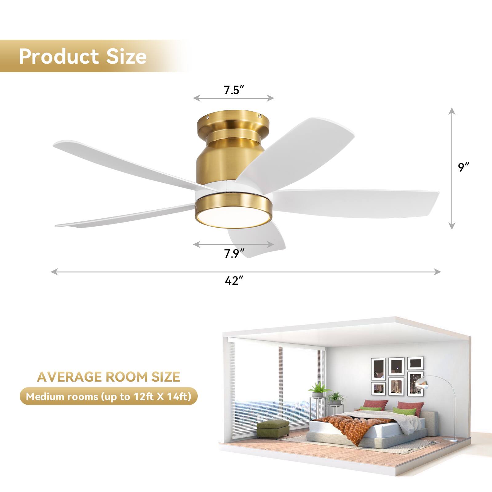 Product Size  
7.5" 9" 7.9" 42"  

AVERAGE ROOM SIZE  
Medium rooms (up to 12ft X 14ft)