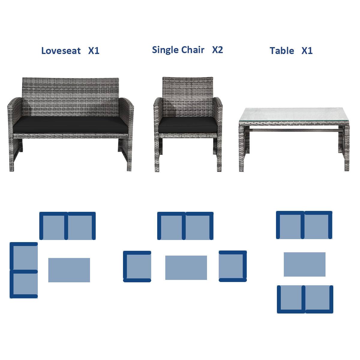 Loveseat X1, Single Chair X2, Table X1