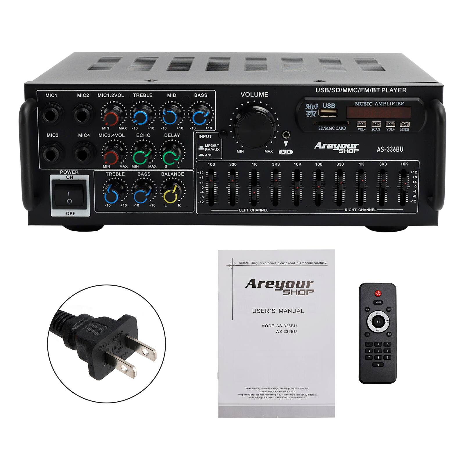 MIC1 MIC2 MIC1.2VOL TREBLE MID BASS VOLUME USB/SD/MMC/FM/BT PLAYER USB MUSIC AMPLIFIER M3 PM IC3 MIN MAX -19 18 MIC4 MIC3.4VOL ECHO 18 18 DELAY -18 E5 INPUT MP3/BT FM/AUX A/B MIN MAX AUX DE ED/MMC CARD MA SAN VORLA -E Areyour AS-336BU SHOP POWER ON MIN MAX MIN MAX 5 4 TREBLE BASS RALANCE 19 100 30 IK K 10K 100 330 1K 3X3 B0K OFF -18 +18 .N 18 I . LERT CRANMEL THIIR GHANNEL IN Batora uning t anczue aeaN na nis marual carefulty Areyour SHOP & - USER'S MANUAL p MODE:AS-3288U AS-336BU