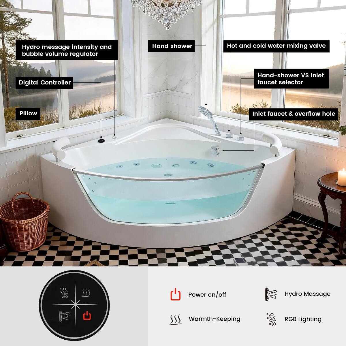 Hydro message intensity and bubble volume regulator  
Hand shower  
Hot and cold water mixing valve  
Digital Controller  
Hand-shower VS inlet faucet selector  
Pillow  
Inlet faucet & overflow hole  
Power on/off  
Hydro Massage  
Warmth-Keeping  
RGB Lighting