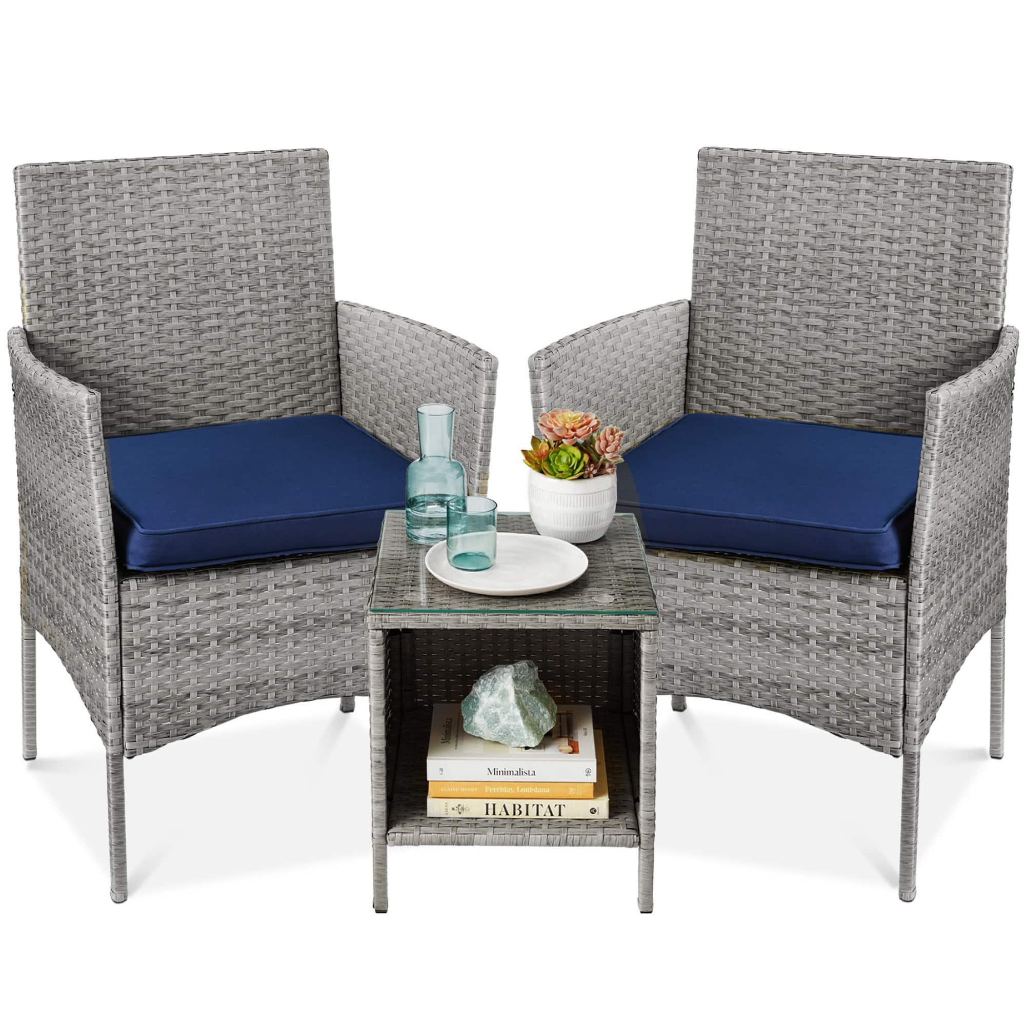 Best Choice Products - 3-Piece Outdoor Wicker Conversation Patio Bistro Set, w/ 2 Chairs, Table - Gray/Navy