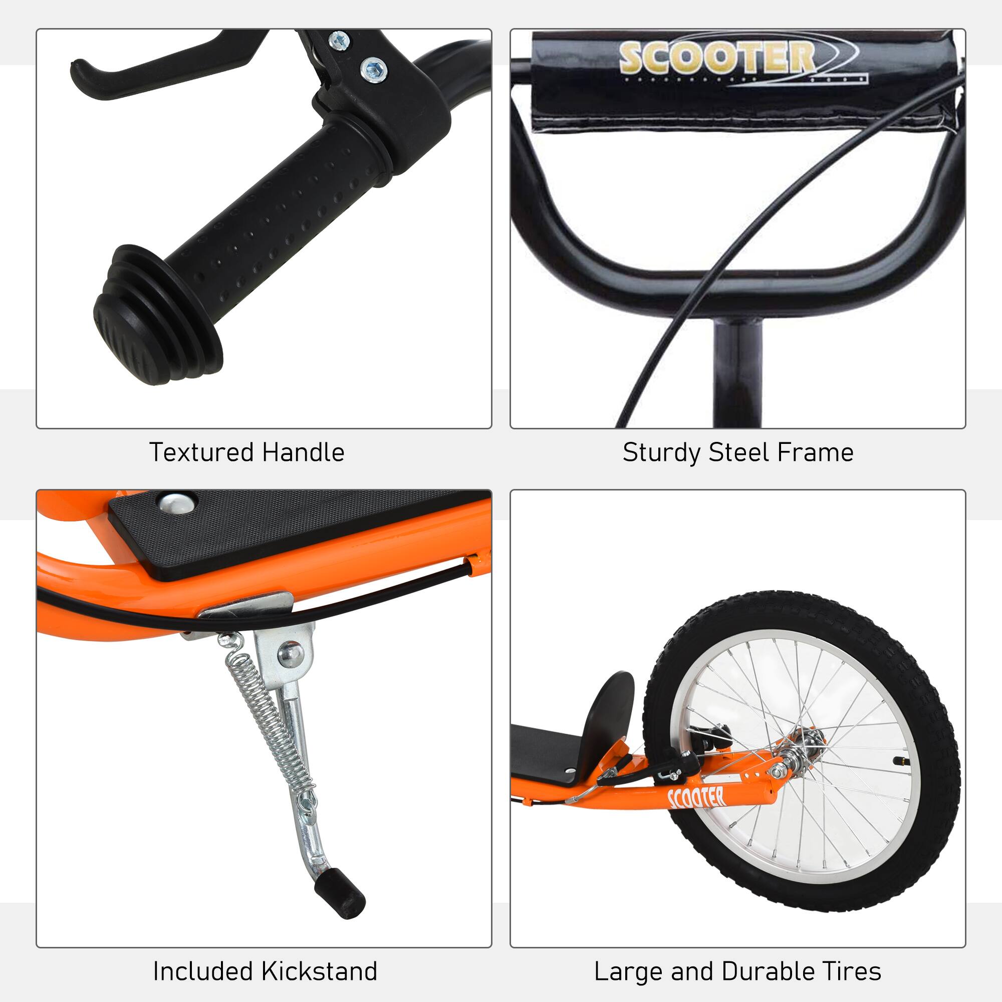 - Textured Handle
- Sturdy Steel Frame
- Included Kickstand
- Large and Durable Tires