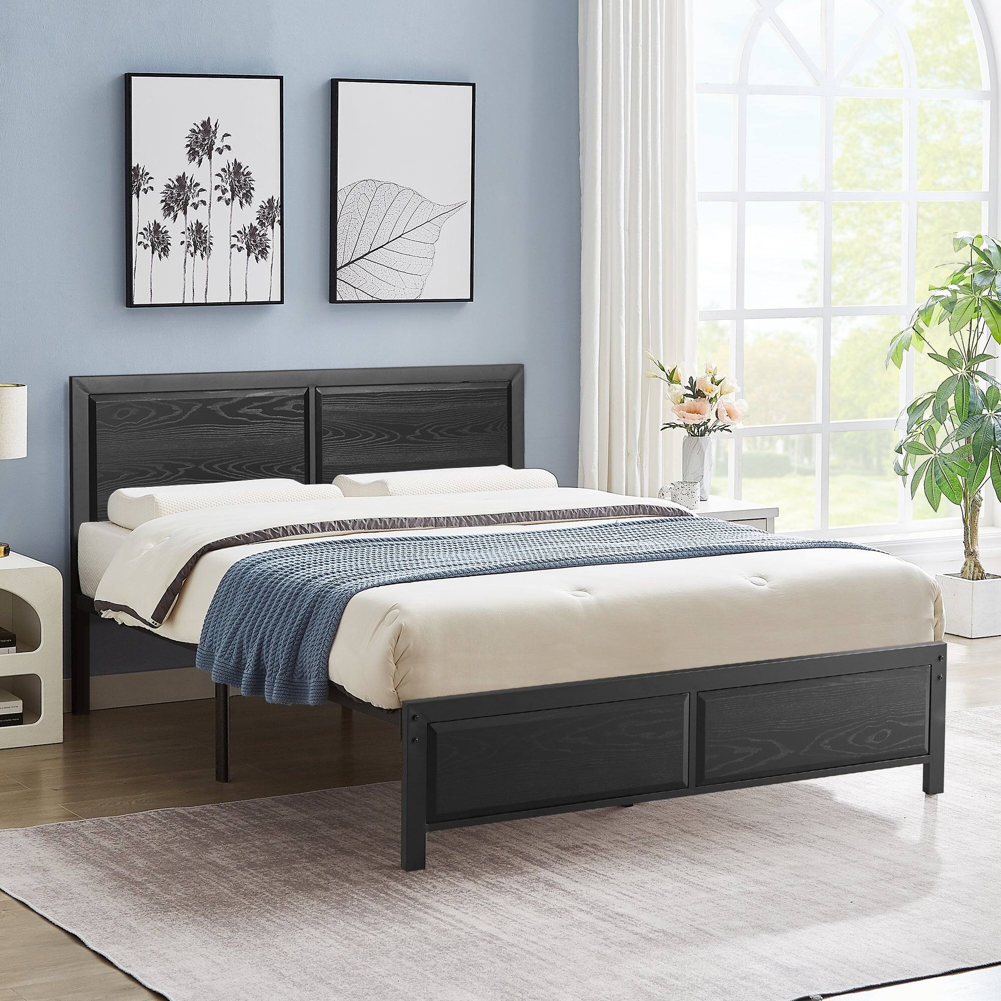 Alt View 4. Vecelo - Full Bed Frame with Wood Headboard, Heavy-Duty Metal Platform, No Box Spring Needed, Storage Space, Easy Assembly - Black.