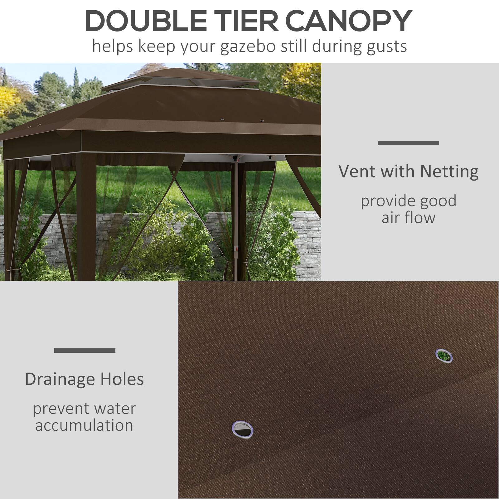 DOUBLE TIER CANOPY helps keep your gazebo still during gusts

Vent with Netting provide good air flow

Drainage Holes prevent water accumulation