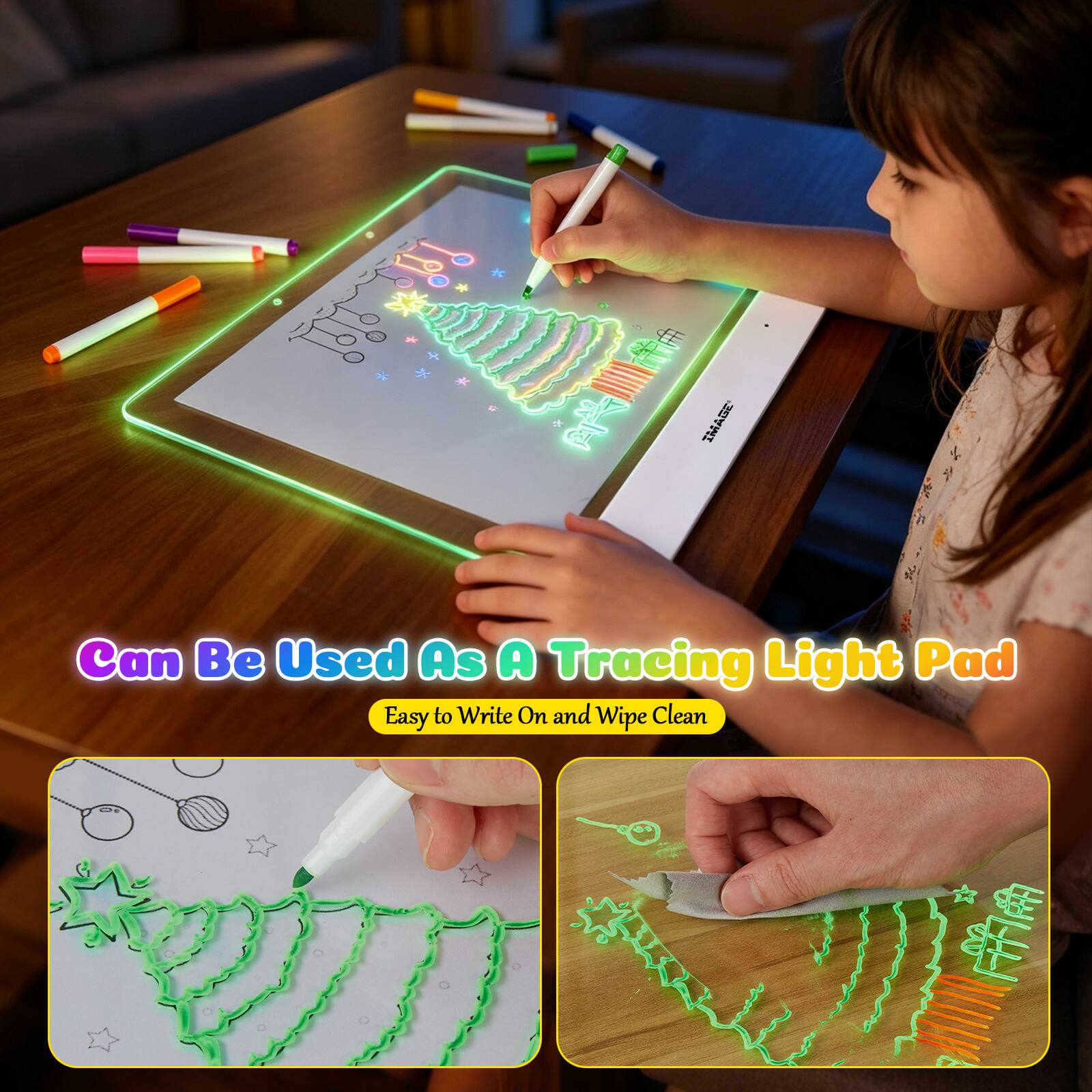 Can Be Used As A Tracing Light Pad  
Easy to Write On and Wipe Clean