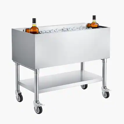 Front. VEVOR - Commercial Ice Bin, 100.7 Qt Max Capacity, 36 x 19 x 35 Inch Stainless Steel Ice Chest with Sliding Lid and Bottle - Silver.