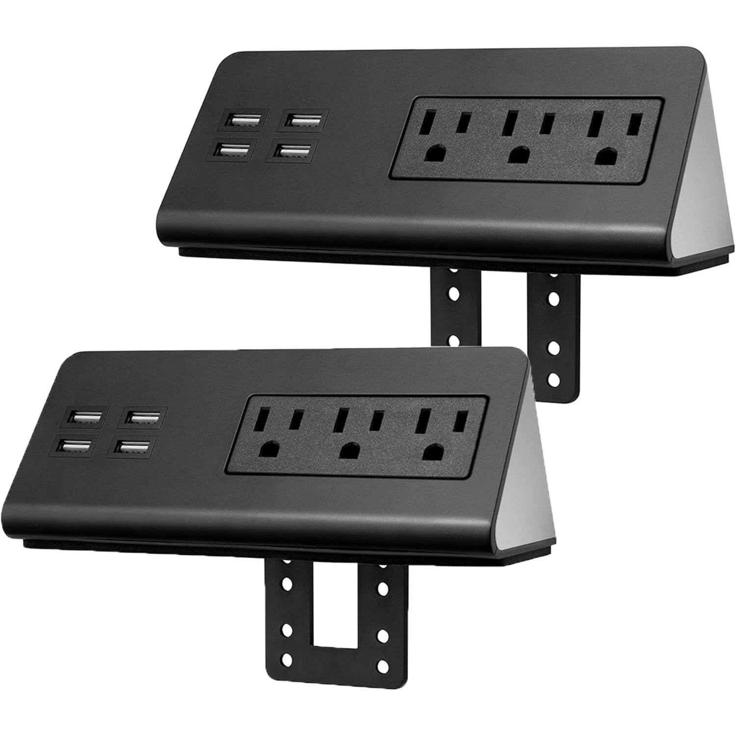 PARKER SLATER - 2-Pack Desk Clamp Power Strips with 3 Outlets & 4 USB Ports, Edge Mount Charging Station for Home & Office - Black