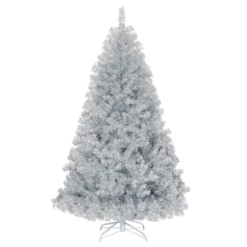 Back. WELLFOR - 6ft Unlit Hinged Artificial Christmas Tree with 1036 PVC‑Tinsel Branch Tips, Indoor & Outdoor Holiday Decoration - Silver.